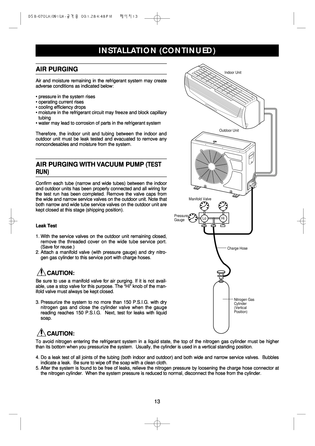 Daewoo DSB-071LH owner manual Air Purging With Vacuum Pump Test Run, Leak Test, Installation Continued 