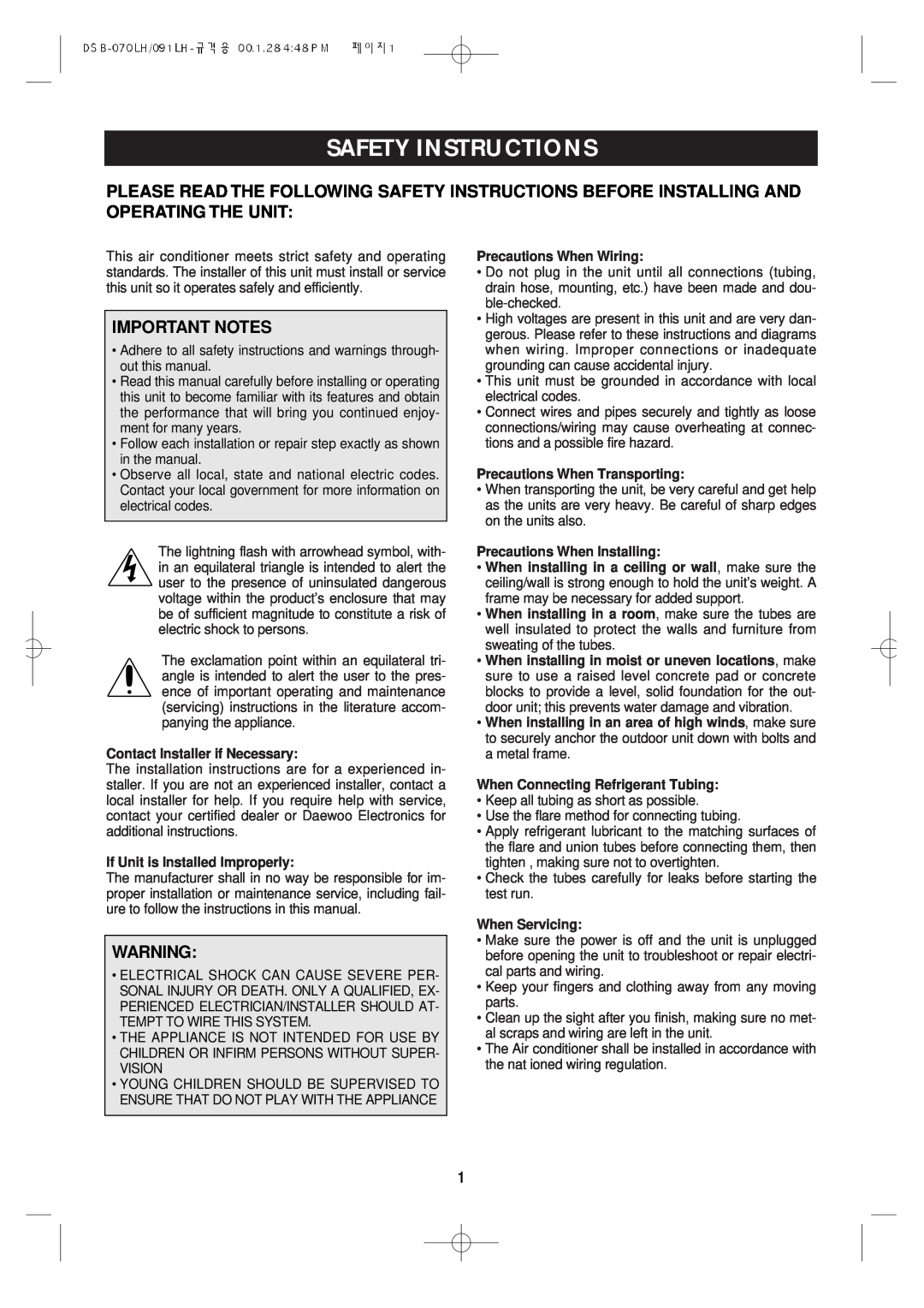 Daewoo DSB-071LH Safety Instructions, Important Notes, Contact Installer if Necessary, If Unit is Installed Improperly 