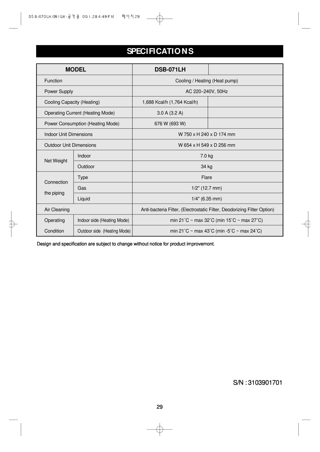 Daewoo DSB-071LH, Split Airconditioning System owner manual Specifications, Model, S/N 