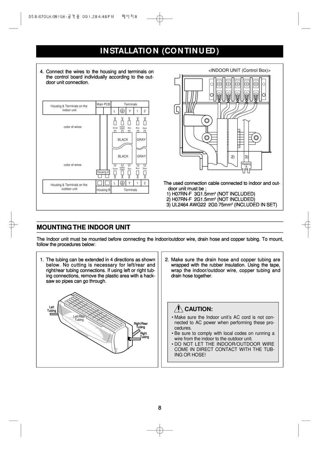 Daewoo Split Airconditioning System, DSB-071LH owner manual Mounting The Indoor Unit, Installation Continued 