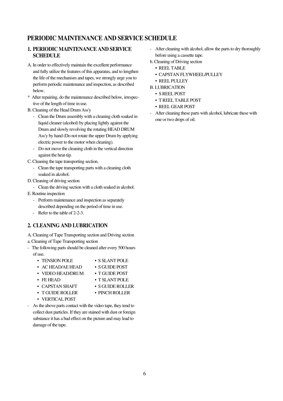 Daewoo VCR MECHANISM UNIT service manual Periodic Maintenance and Service Schedule 