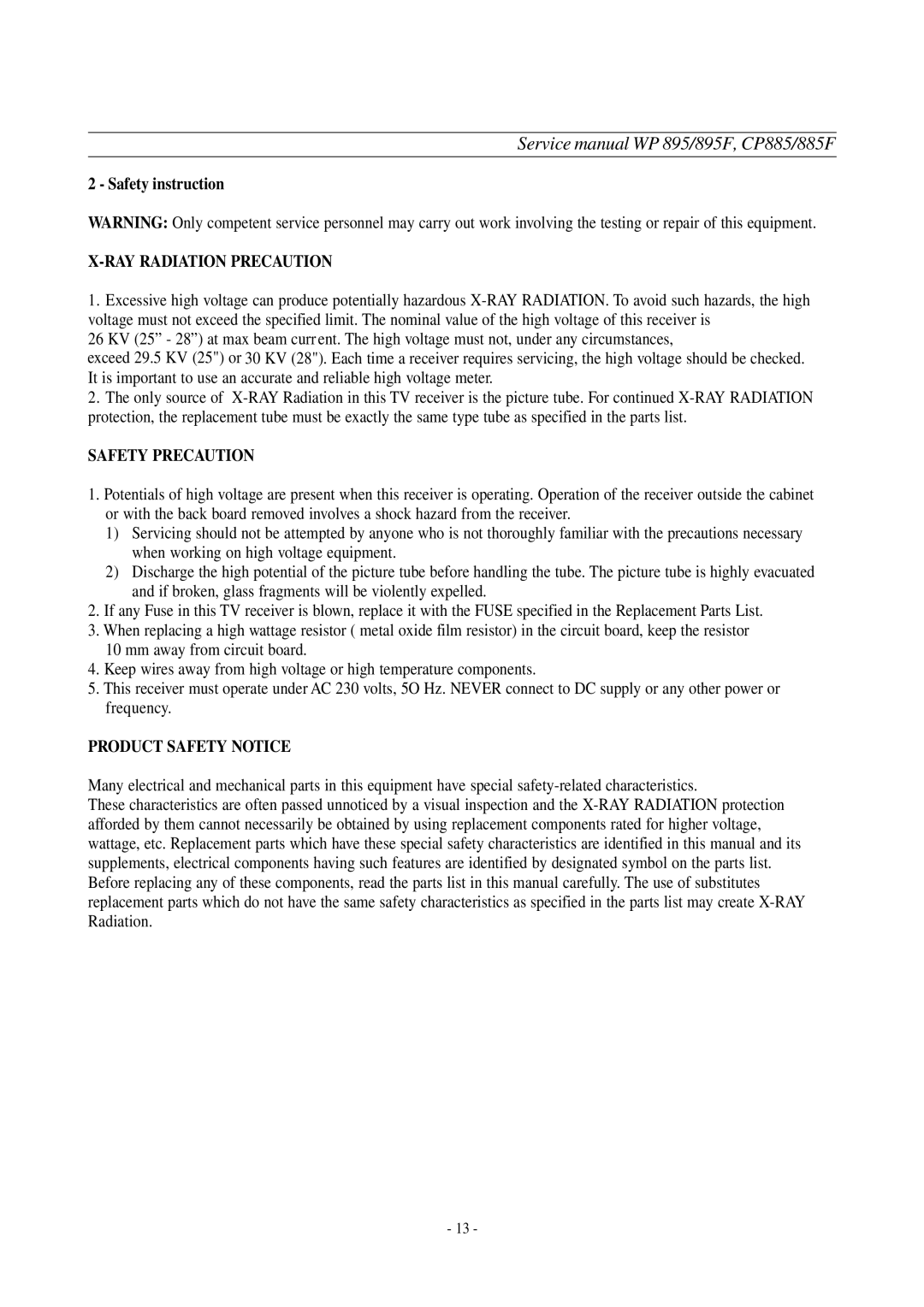 Daewoo WP-895F, CP-885F service manual Safety instruction, RAY Radiation Precaution 