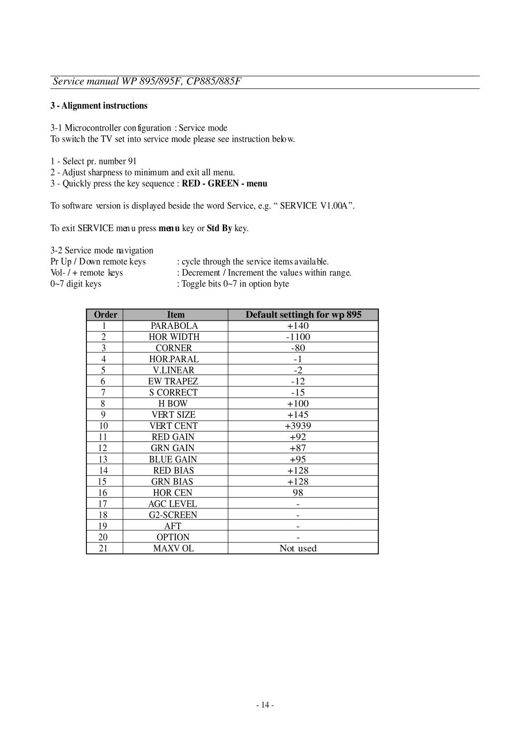 Daewoo CP-885F, WP-895F service manual Alignment instructions, Order Default settingh for wp, Parabola, HOR Width, GRN Bias 