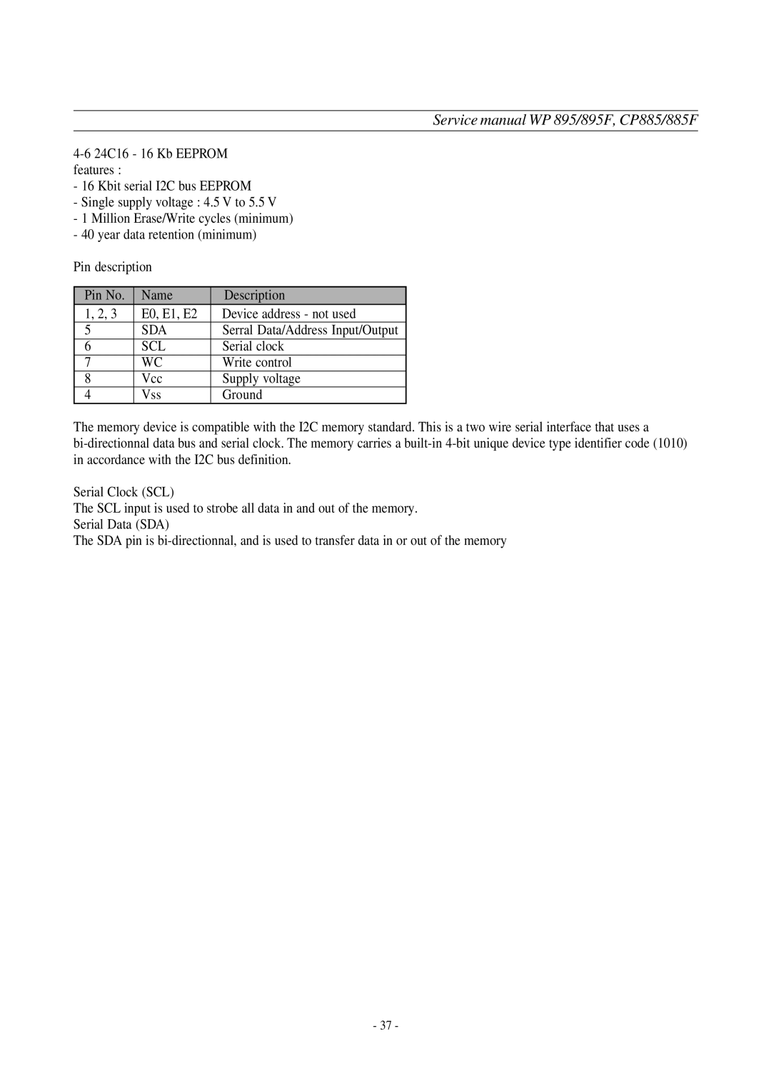 Daewoo WP-895F, CP-885F service manual Sda, Scl 