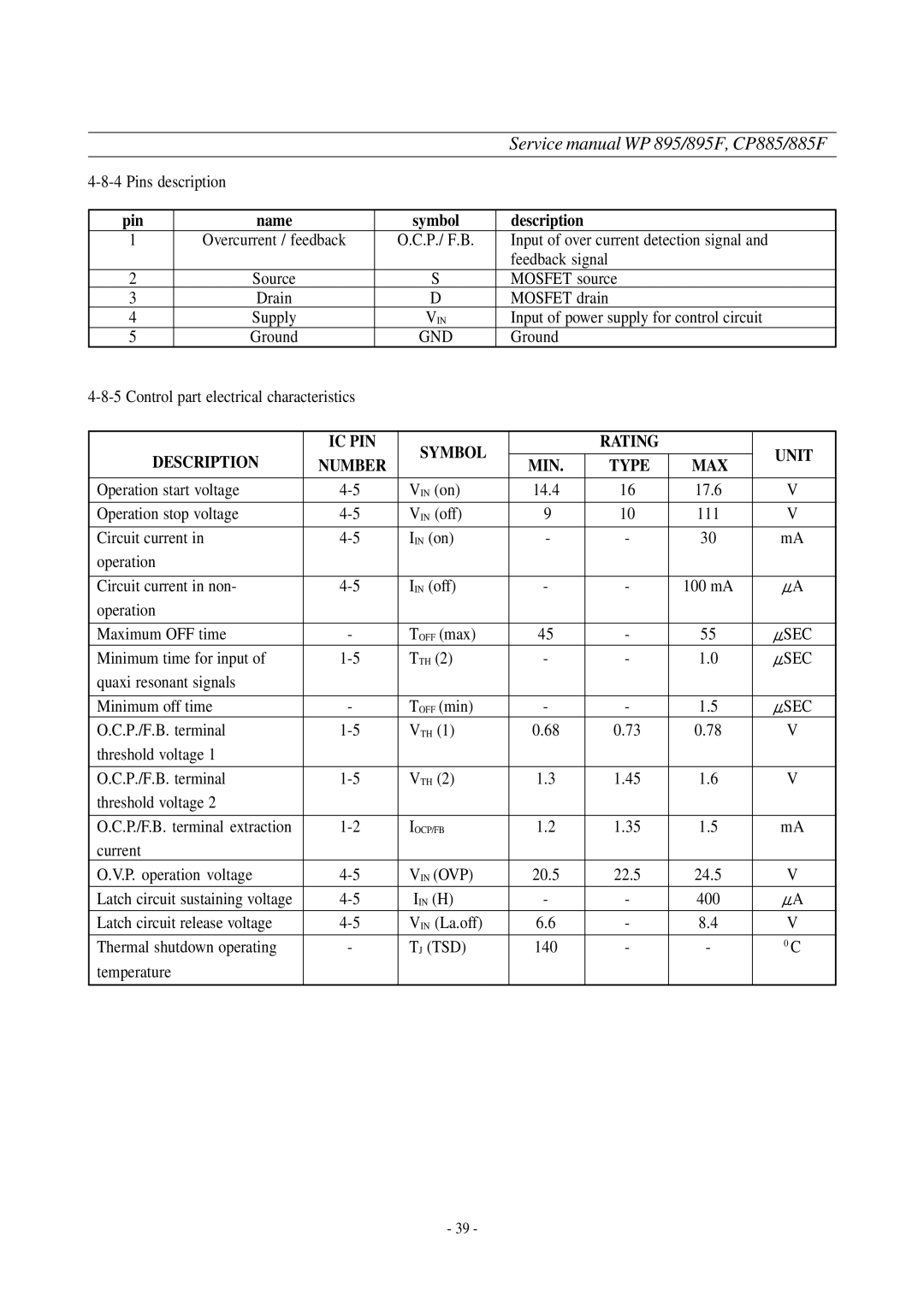 Daewoo WP-895F, CP-885F service manual Description IC PIN Symbol Rating Unit 