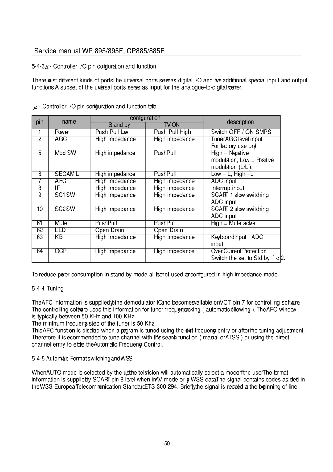 Daewoo CP-885F, WP-895F service manual Configuration, Stand by 