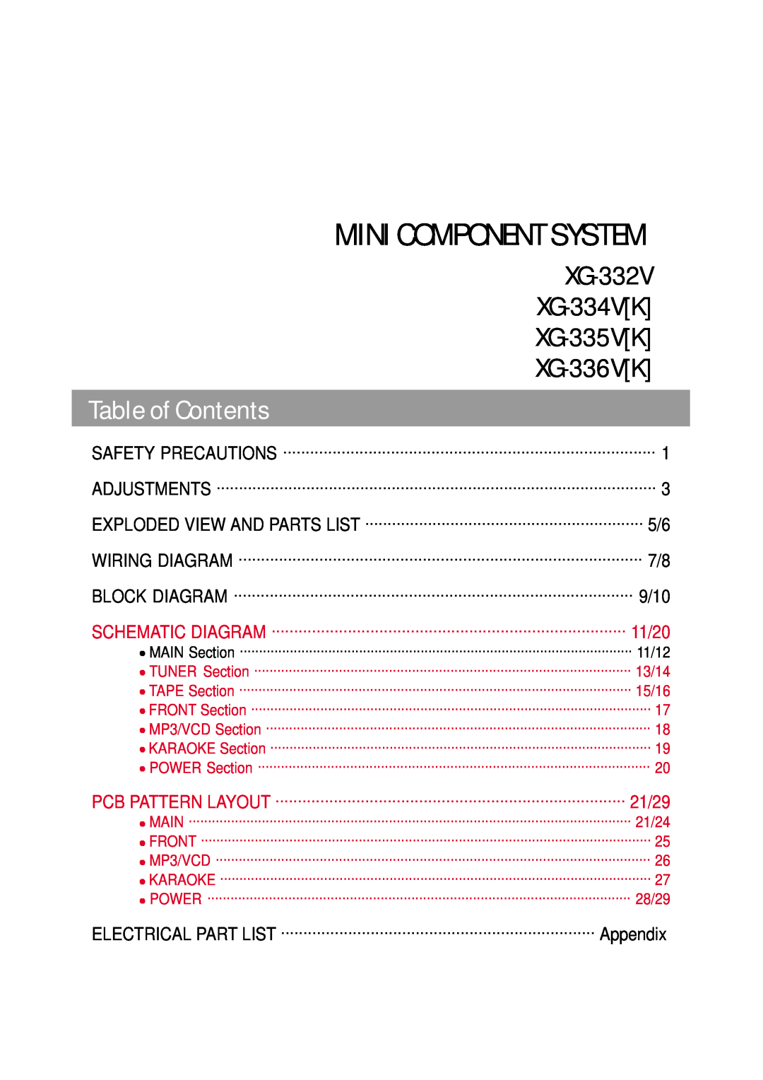 Daewoo XG332V Table of Contents, Mini Component System, XG-332V XG-334VK XG-335VK XG-336VK, 9/10, Block Diagram, Appendix 