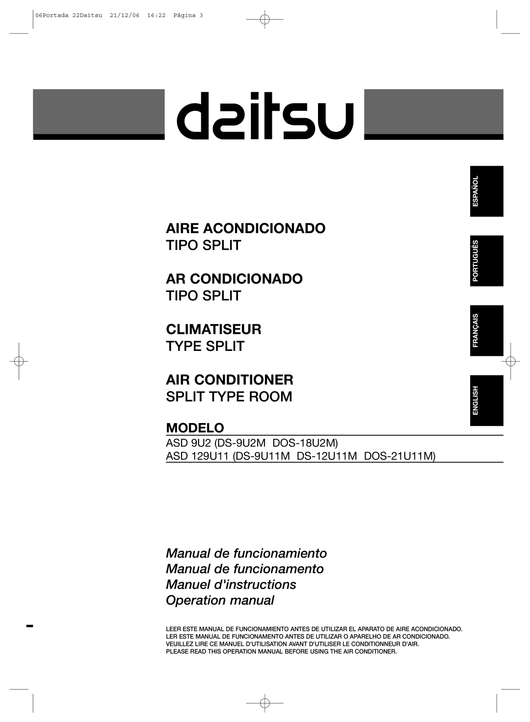 Daitsu ASD 129U11, ASD 9U2 operation manual Aire Acondicionado 