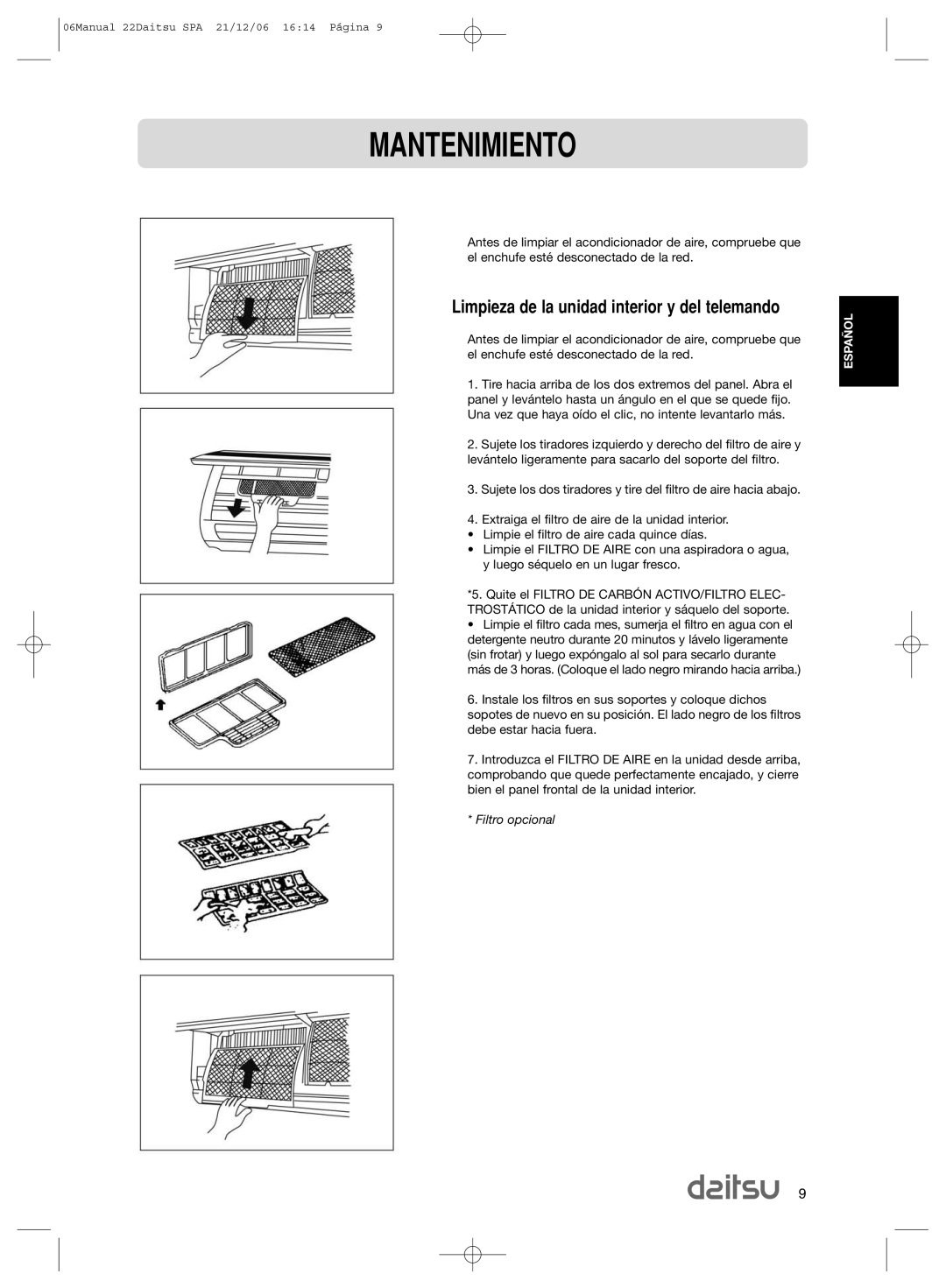 Daitsu ASD 129U11, ASD 9U2 operation manual Filtro opcional 