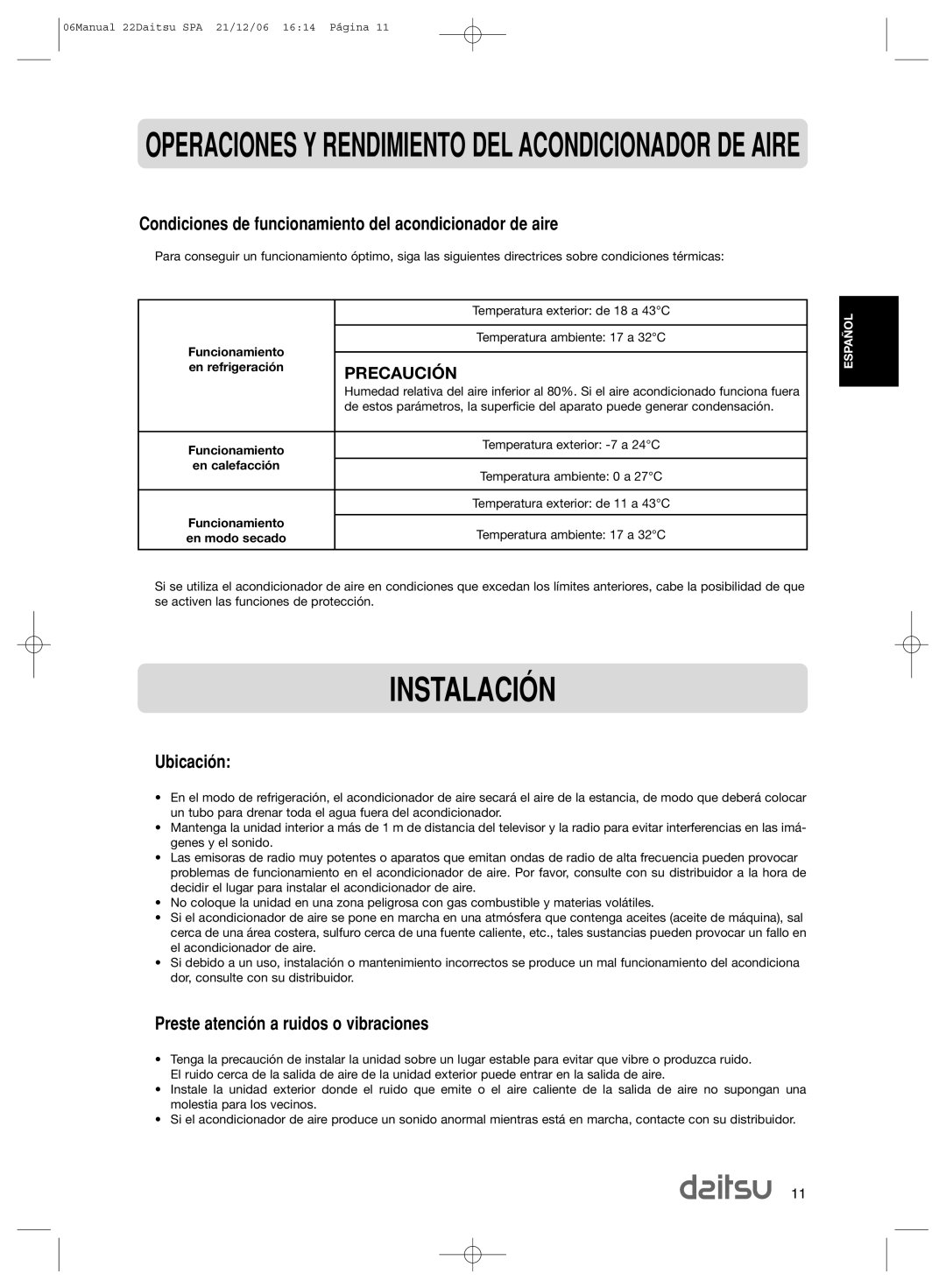 Daitsu ASD 129U11, ASD 9U2 operation manual INSTALACIîN, Condiciones de funcionamiento del acondicionador de aire, Ubicaci-n 