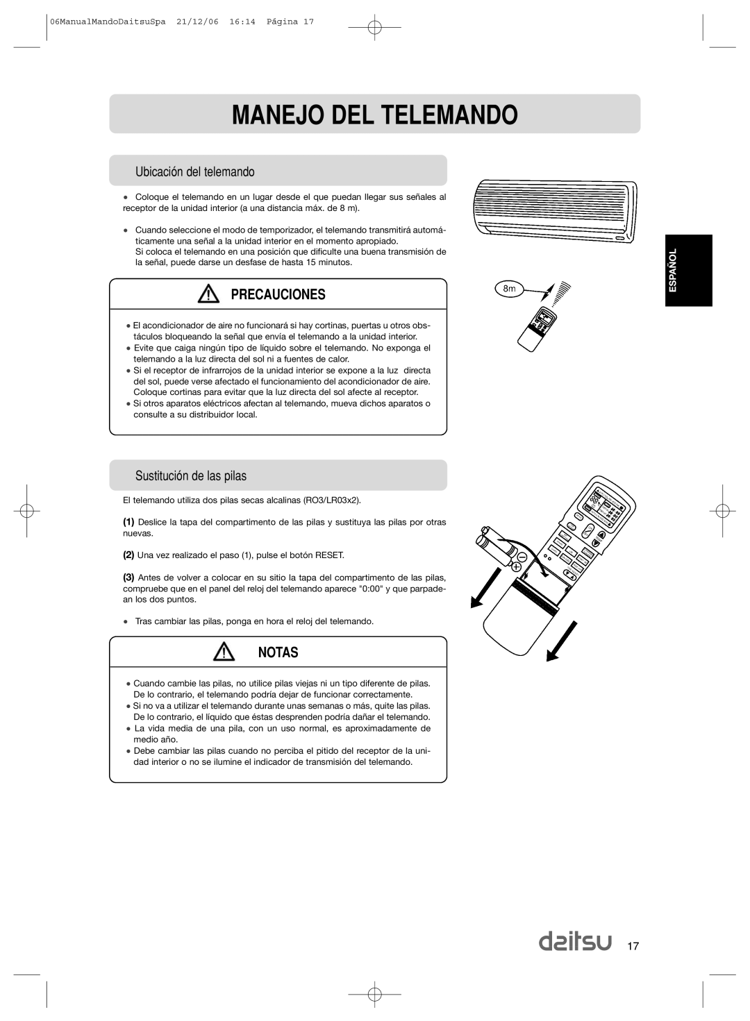 Daitsu ASD 129U11, ASD 9U2 operation manual Manejo DEL Telemando, Notas, Ubicaci-n del telemando, Sustituci-n de las pilas 