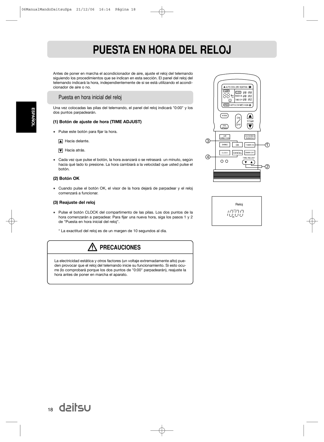 Daitsu ASD 9U2 Puesta EN Hora DEL Reloj, Puesta en hora inicial del reloj, Bot-n de ajuste de hora Time Adjust, Bot-n OK 