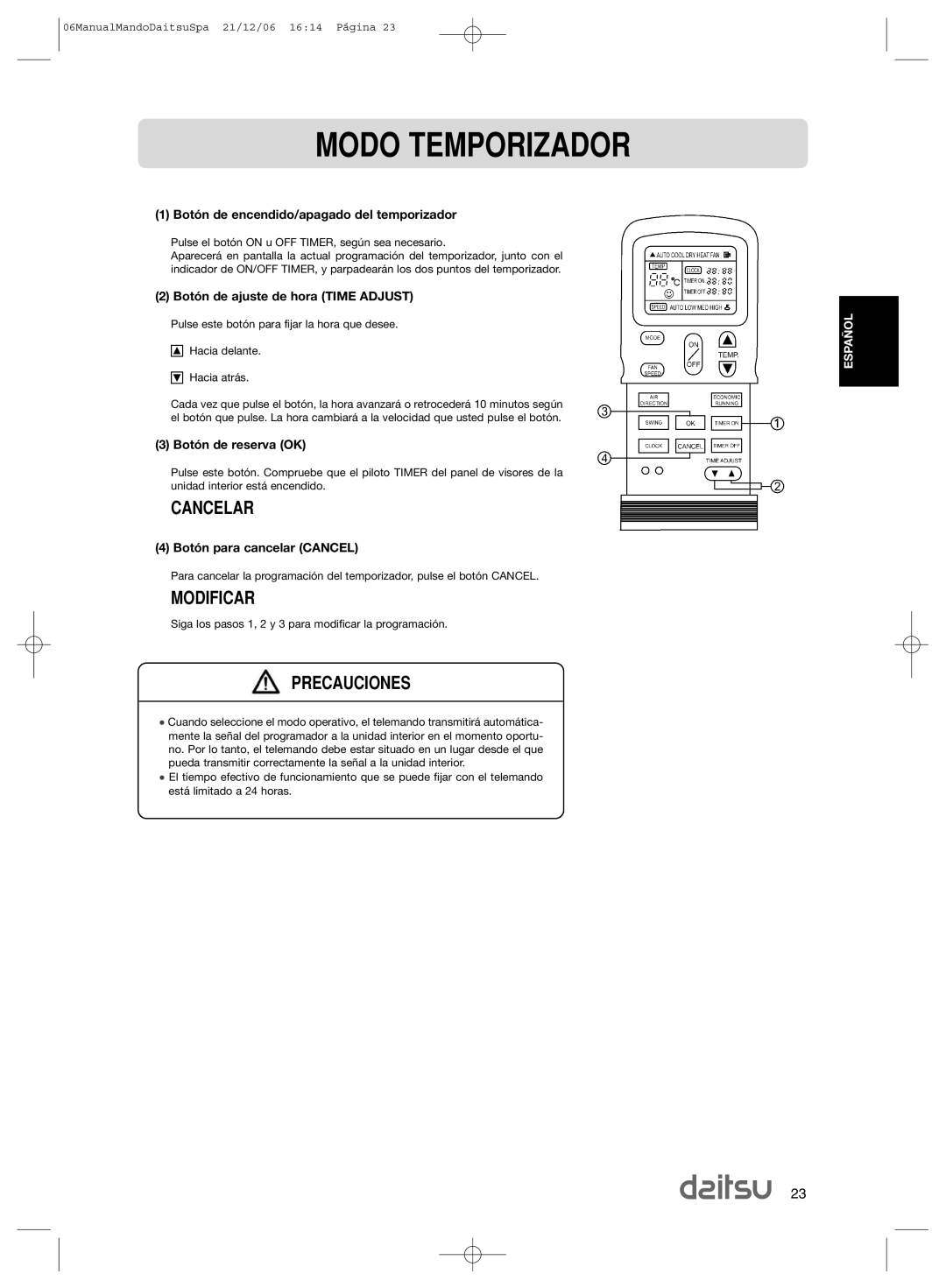 Daitsu ASD 129U11, ASD 9U2 operation manual Modo Temporizador, Cancelar, Modificar 