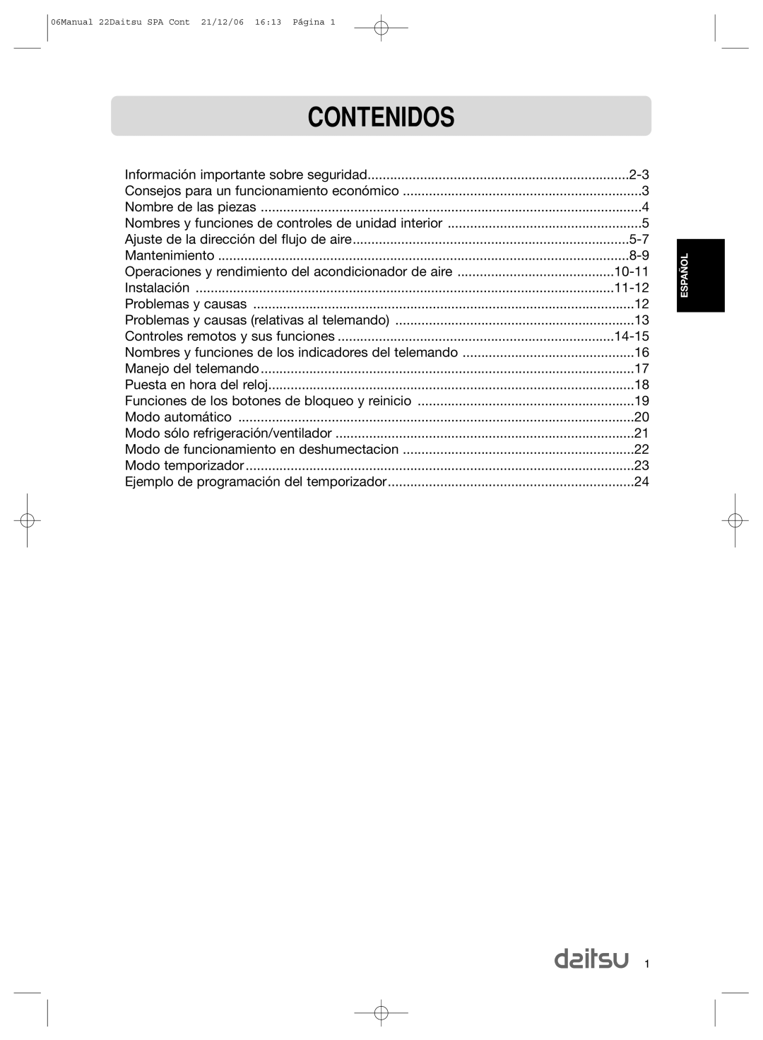 Daitsu ASD 129U11, ASD 9U2 operation manual Contenidos 