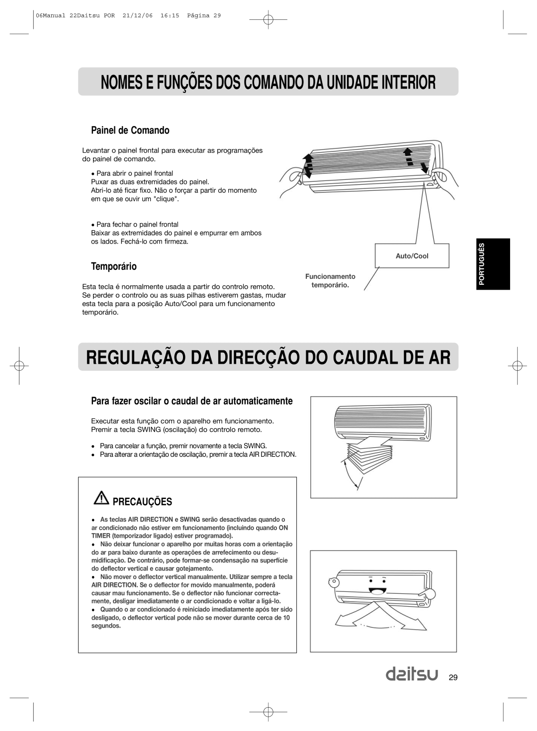 Daitsu ASD 129U11, ASD 9U2 operation manual REGULA‚ÌO DA DIREC‚ÌO do Caudal DE AR, Painel de Comando, Tempor‡rio, Precau‚Íes 