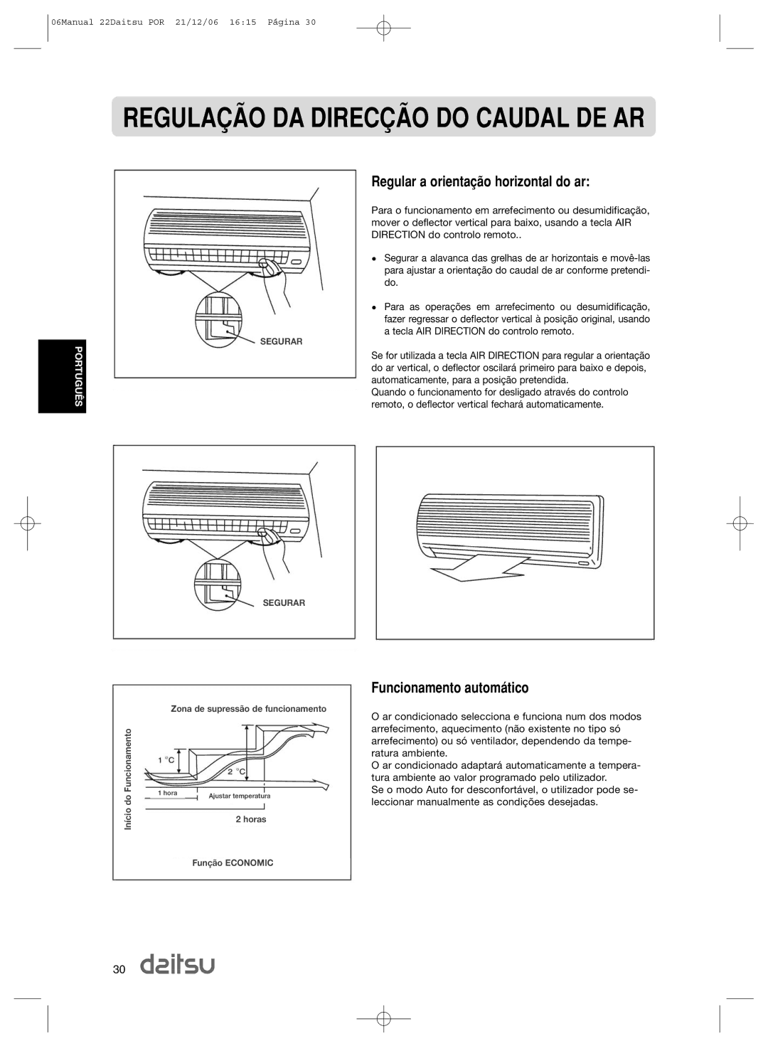 Daitsu ASD 9U2, ASD 129U11 operation manual Regular a orienta‹o horizontal do ar, Funcionamento autom‡tico 