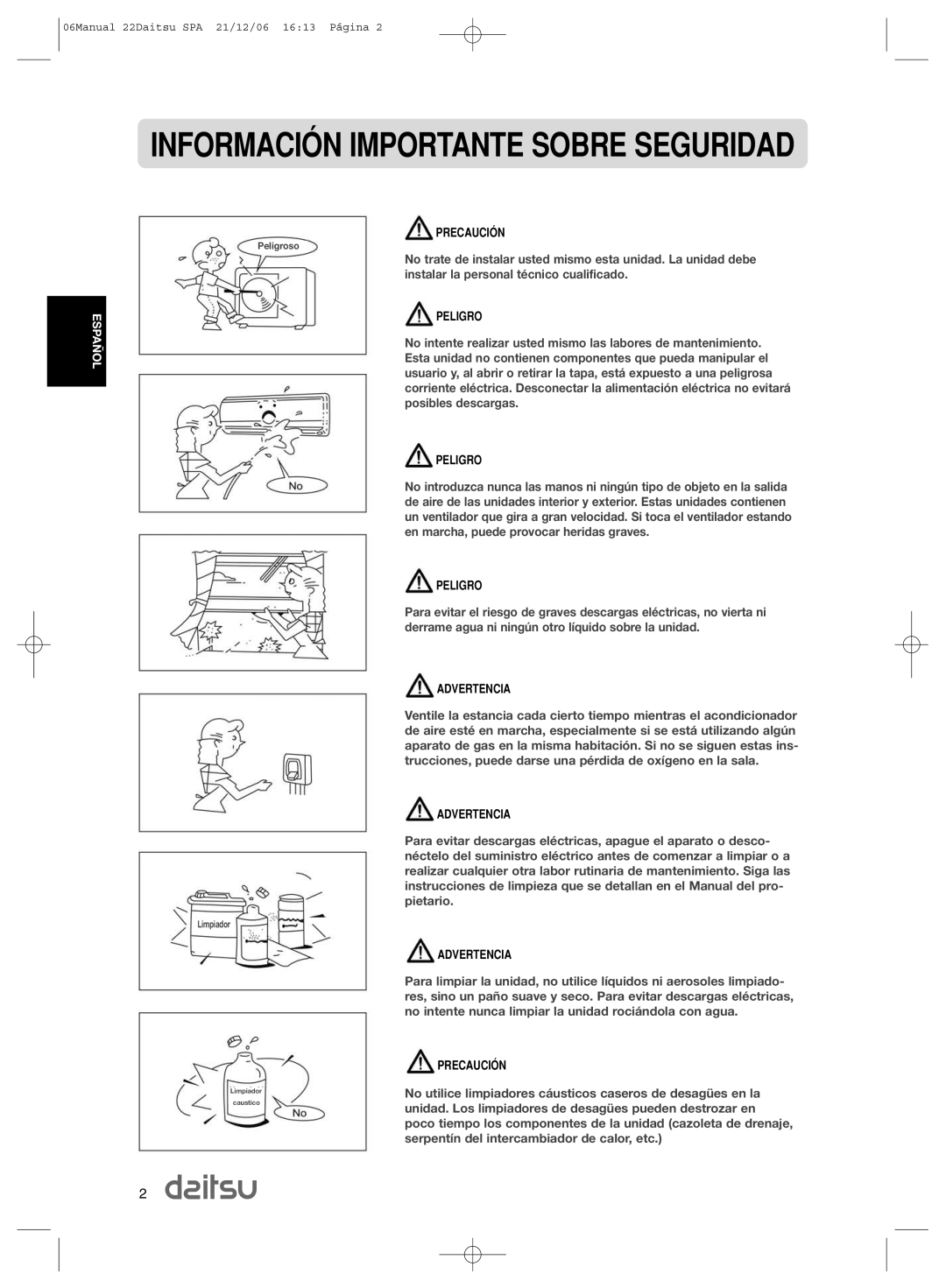 Daitsu ASD 9U2, ASD 129U11 operation manual INFORMACIîN Importante Sobre Seguridad, Peligro 