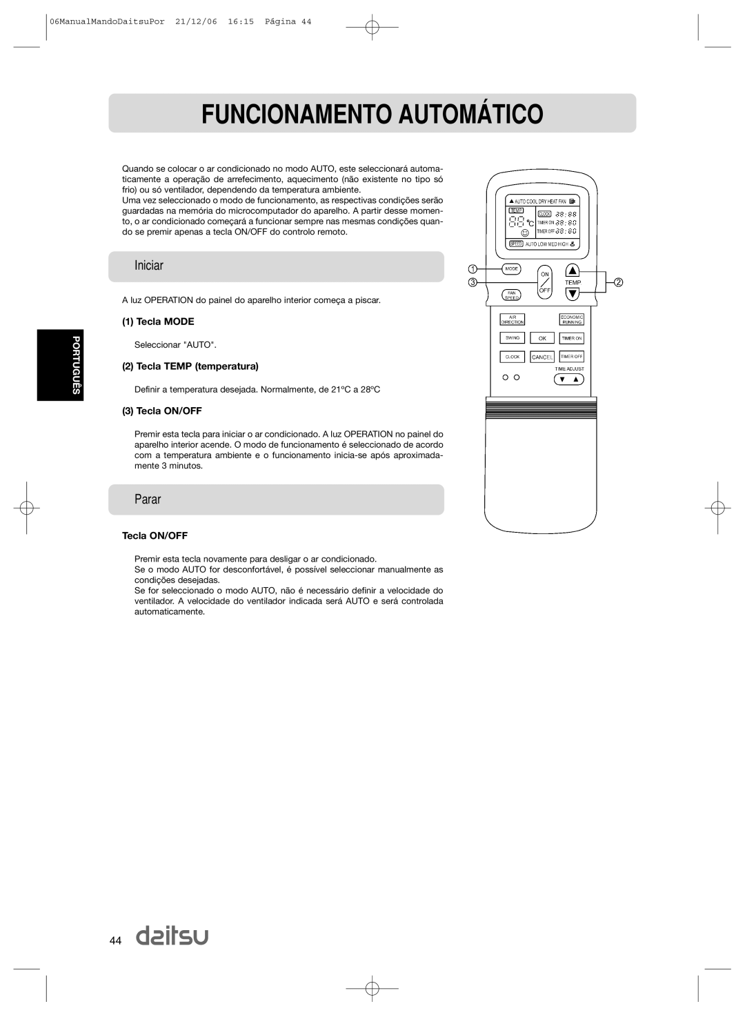 Daitsu ASD 9U2, ASD 129U11 operation manual Funcionamento AUTOMçTICO, Iniciar, Parar 