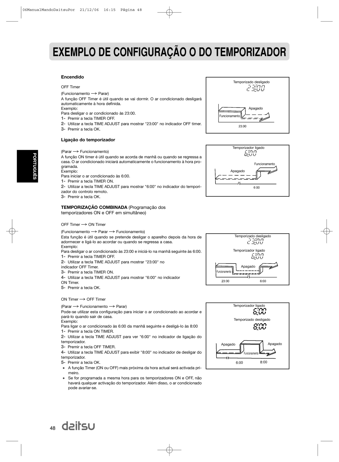 Daitsu ASD 9U2, ASD 129U11 operation manual Exemplo DE CONFIGURA‚ÌO O do Temporizador, Liga‹o do temporizador 