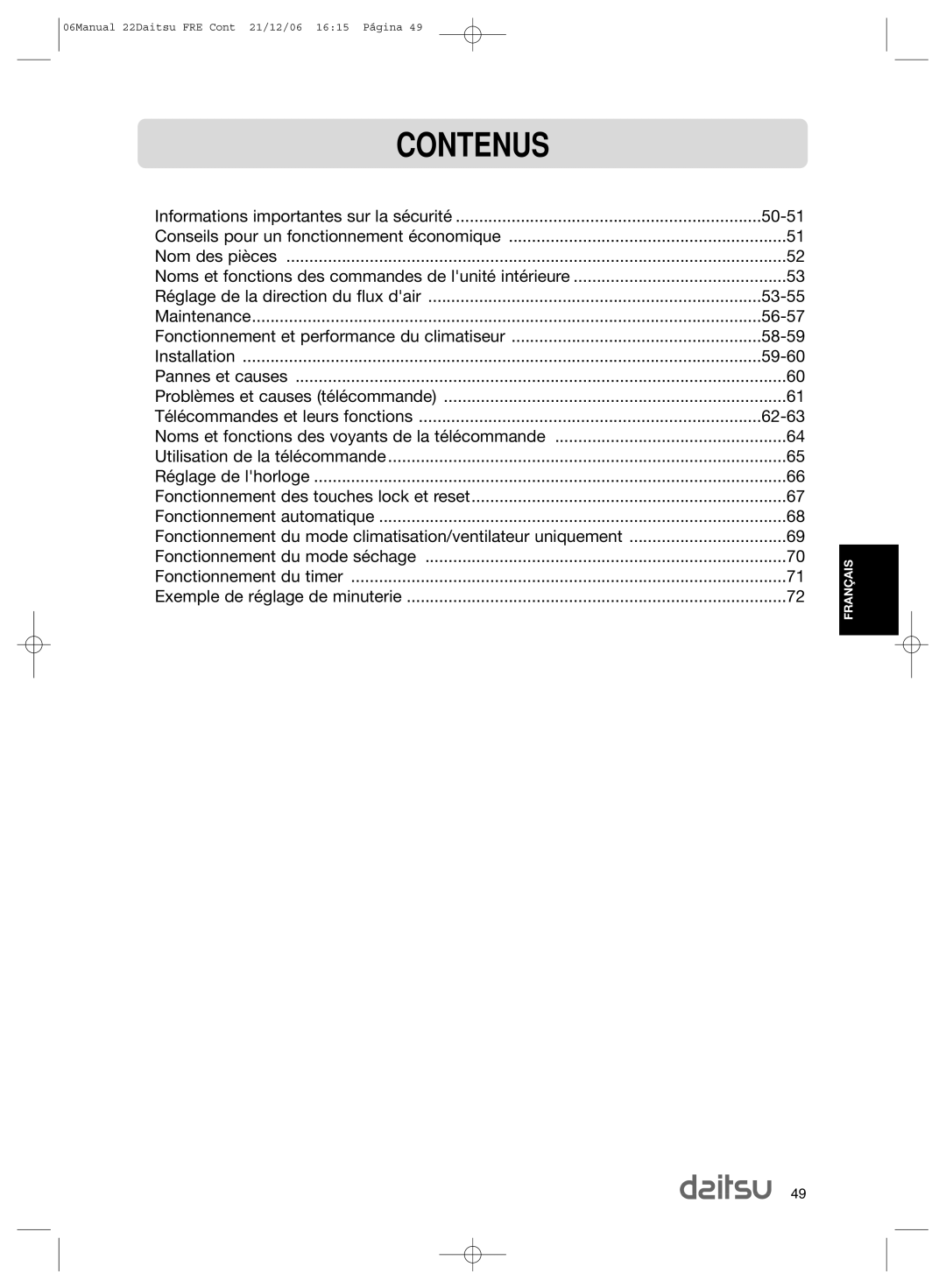 Daitsu ASD 129U11, ASD 9U2 operation manual Contenus 