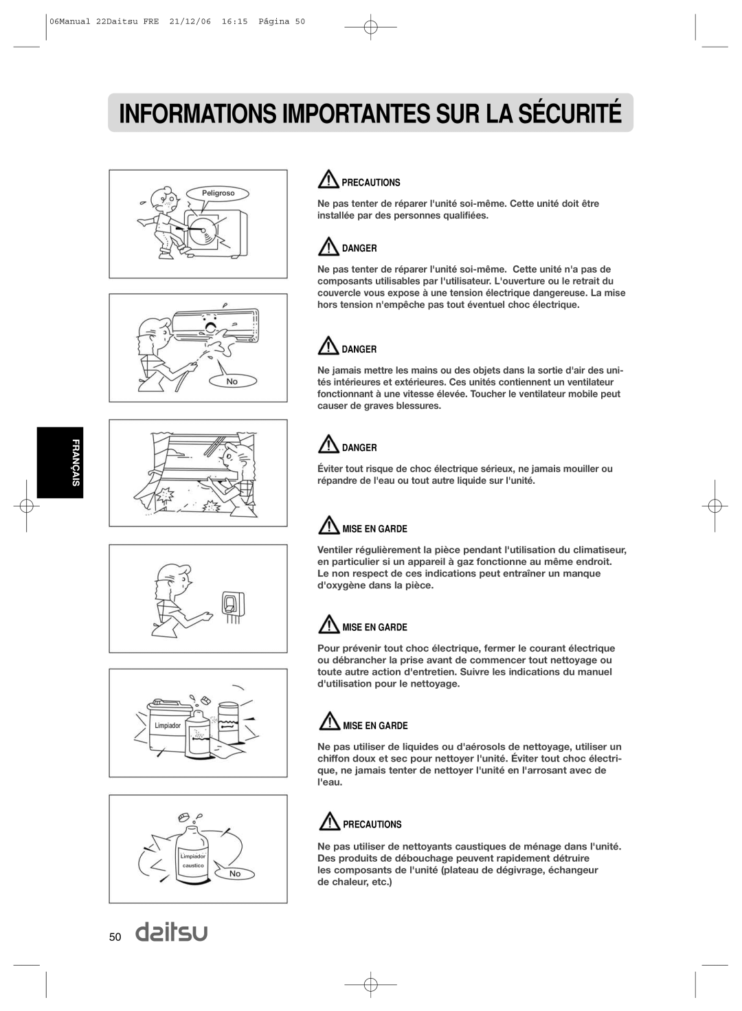 Daitsu ASD 9U2, ASD 129U11 operation manual Informations Importantes SUR LA SƒCURITƒ 