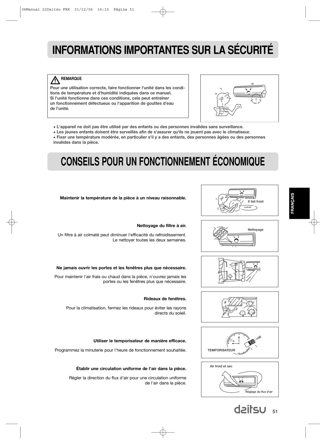 Daitsu ASD 129U11, ASD 9U2 operation manual Rideaux de fentres, Utiliser le temporisateur de manire efficace 