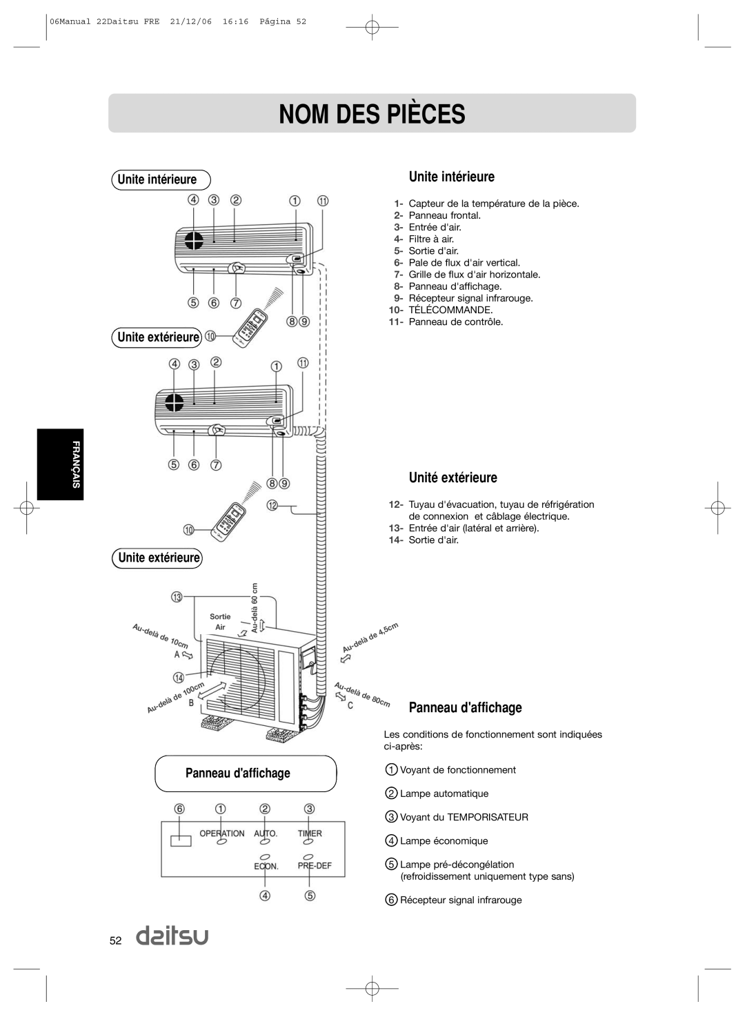 Daitsu ASD 9U2, ASD 129U11 operation manual NOM DES PIéCES, Unite intŽrieure, UnitŽ extŽrieure 