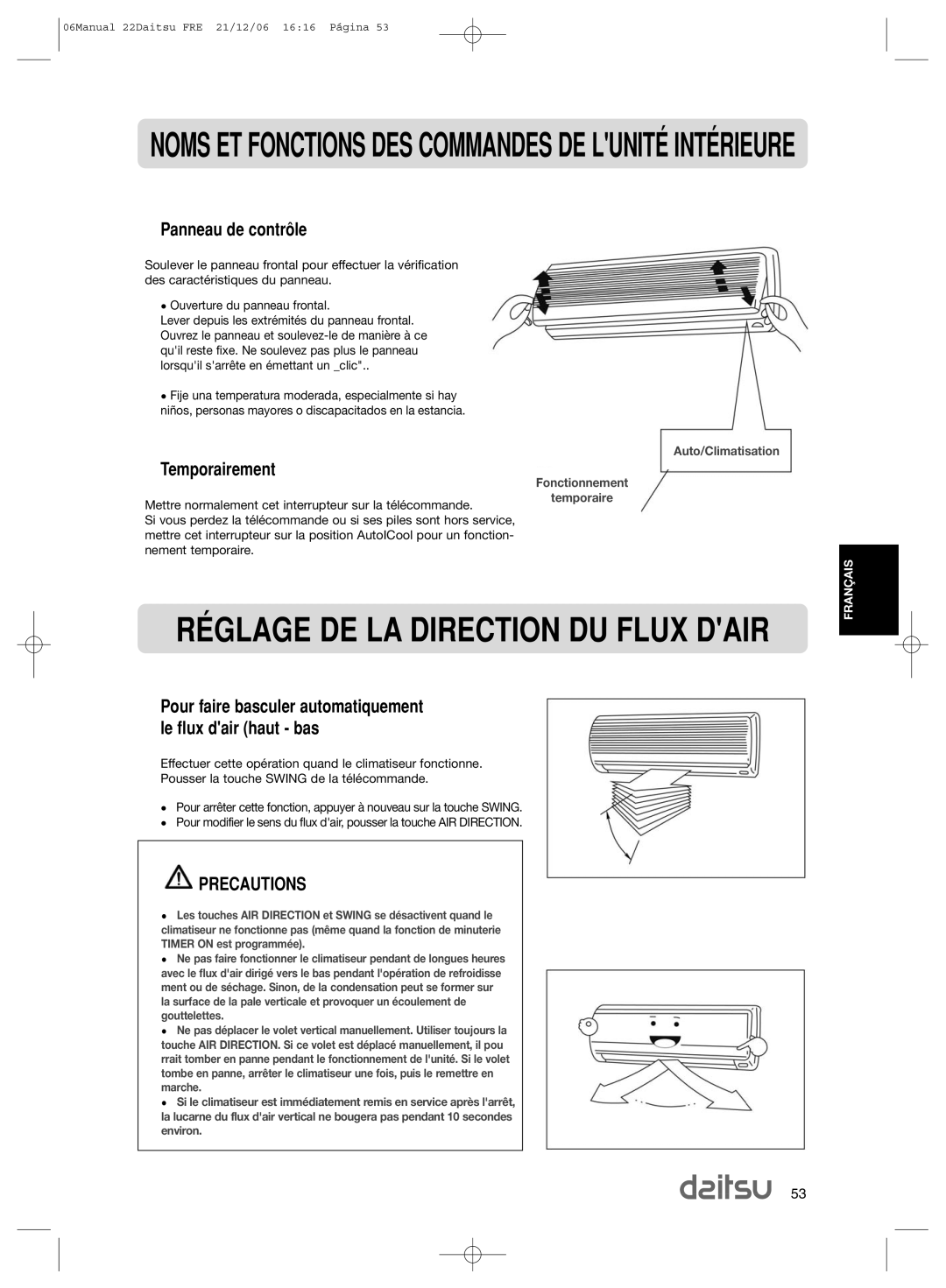 Daitsu ASD 129U11, ASD 9U2 operation manual Panneau de contrle, Temporairement, Precautions 