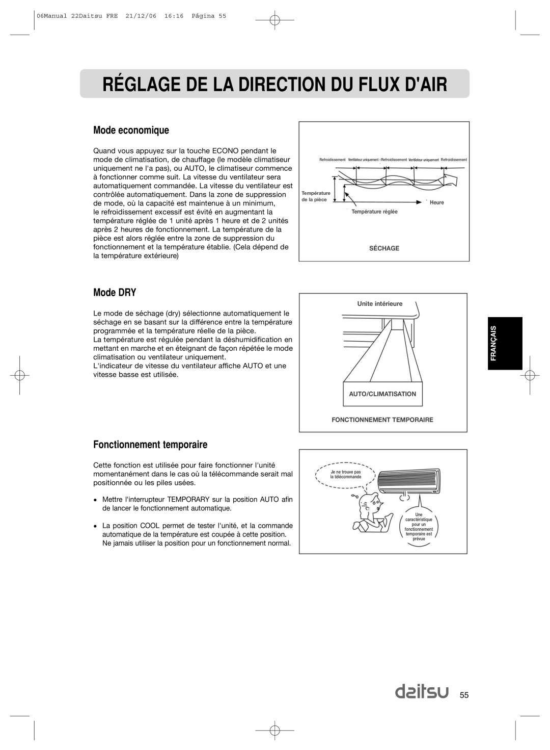 Daitsu ASD 129U11, ASD 9U2 operation manual Mode economique, Mode DRY, Fonctionnement temporaire 