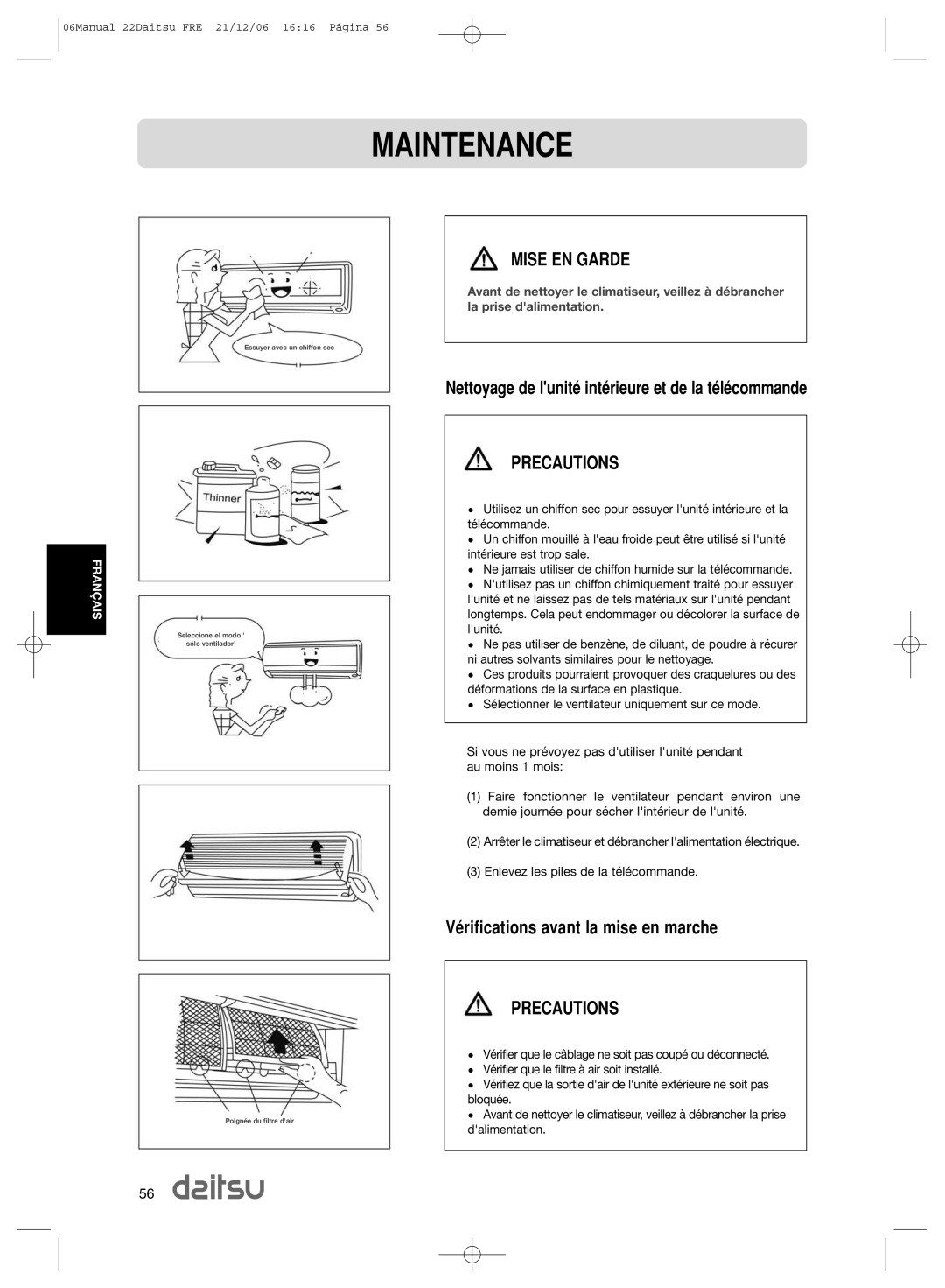 Daitsu ASD 9U2, ASD 129U11 operation manual Maintenance, Mise EN Garde, Nettoyage de lunitŽ intŽrieure et de la tŽlŽcommande 