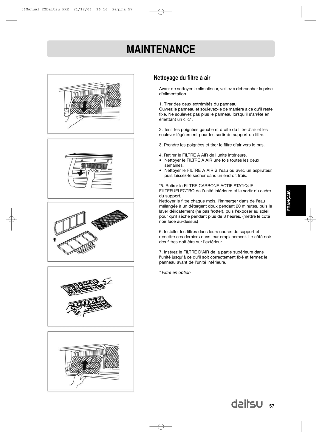 Daitsu ASD 129U11, ASD 9U2 operation manual Nettoyage du filtre ˆ air 