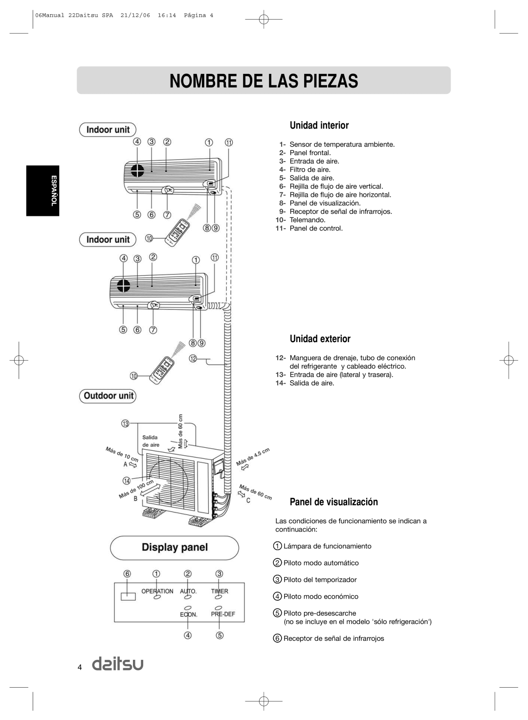 Daitsu ASD 9U2, ASD 129U11 operation manual Nombre DE LAS Piezas, Unidad interior, Unidad exterior, Panel de visualizaci-n 