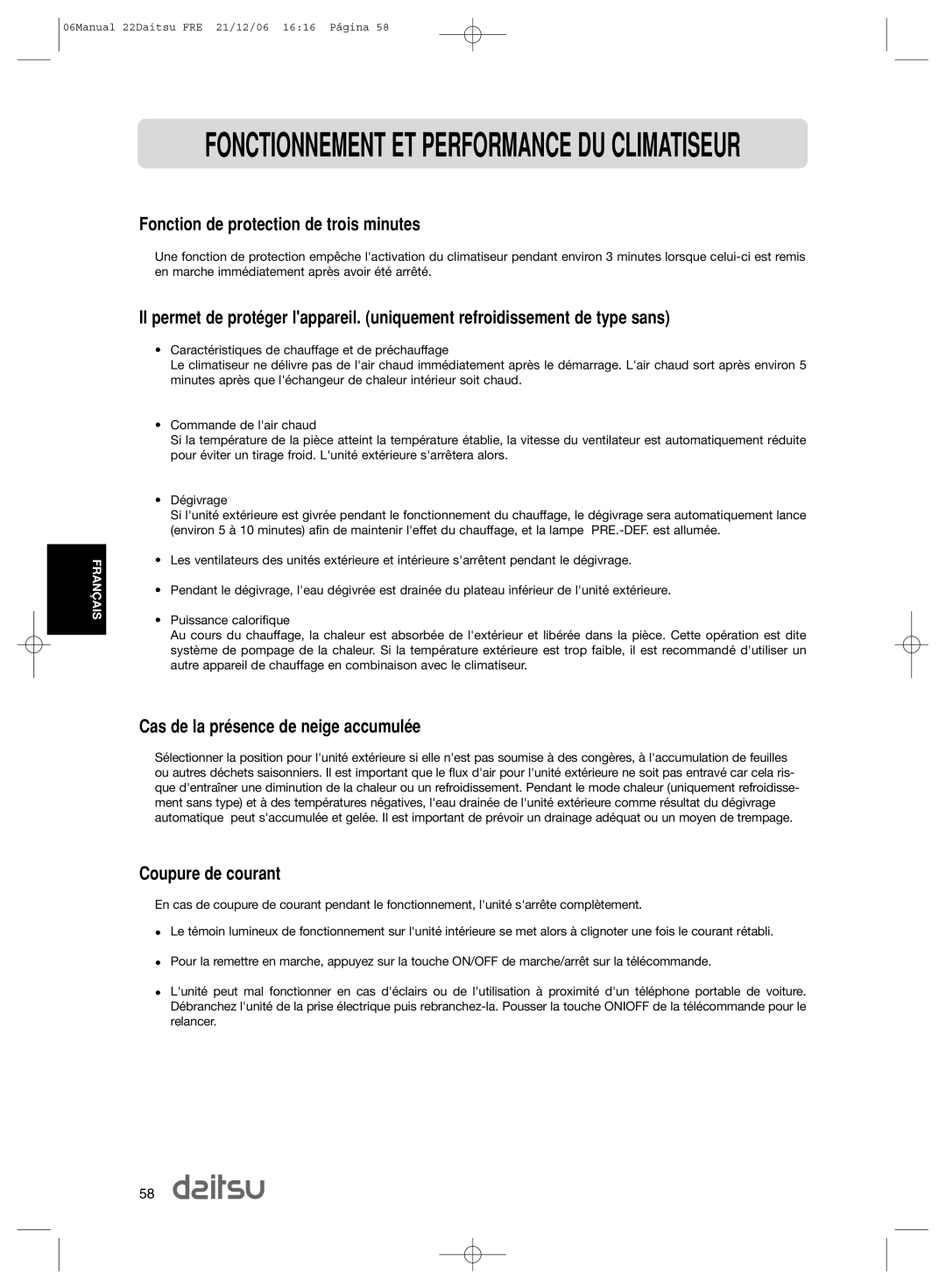 Daitsu ASD 9U2 Fonction de protection de trois minutes, Cas de la prŽsence de neige accumulŽe, Coupure de courant 