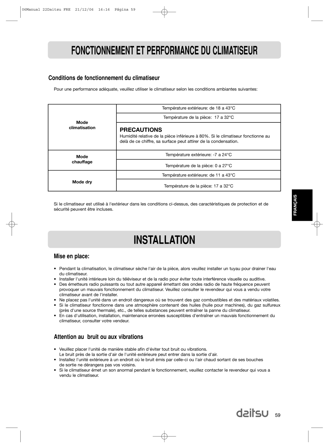 Daitsu ASD 129U11, ASD 9U2 operation manual Installation, Conditions de fonctionnement du climatiseur, Mise en place 