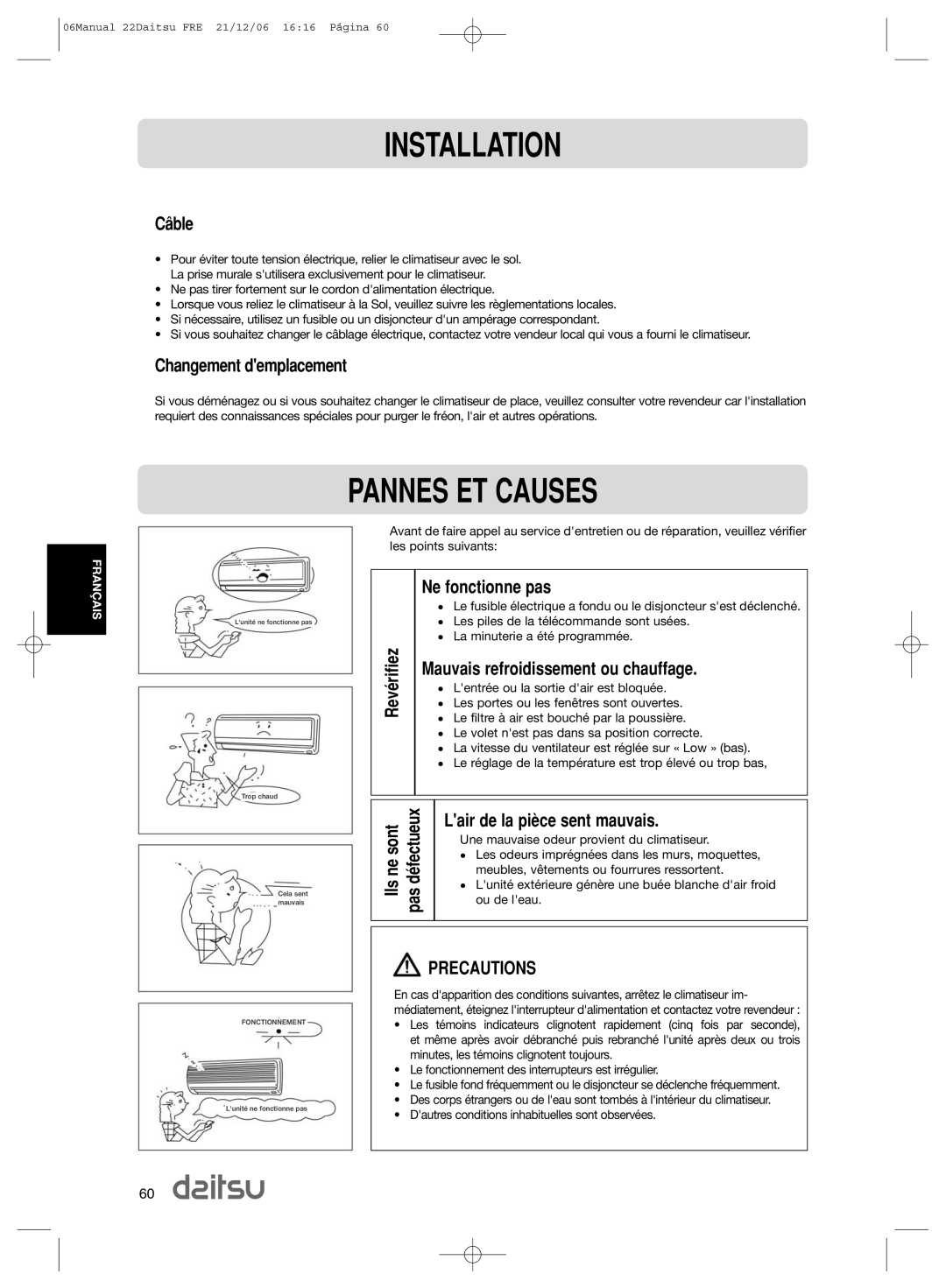 Daitsu ASD 9U2, ASD 129U11 operation manual Pannes ET Causes 