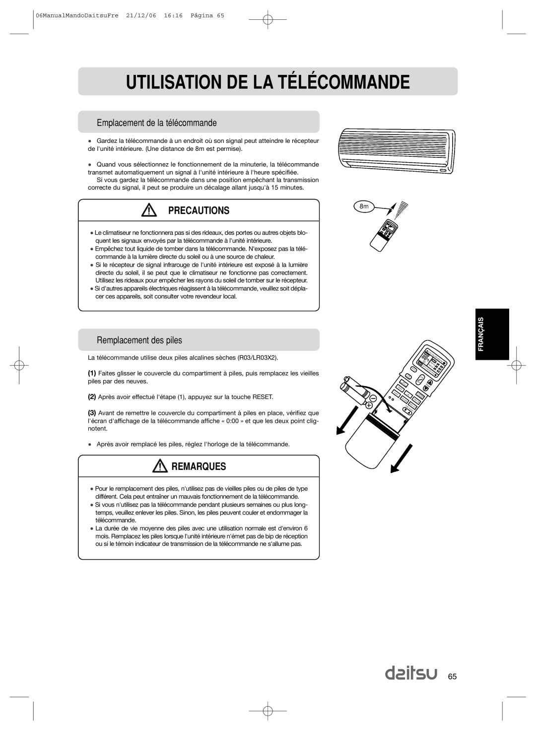 Daitsu ASD 129U11 Utilisation DE LA TƒLƒCOMMANDE, Remarques, Emplacement de la tŽlŽcommande, Remplacement des piles 