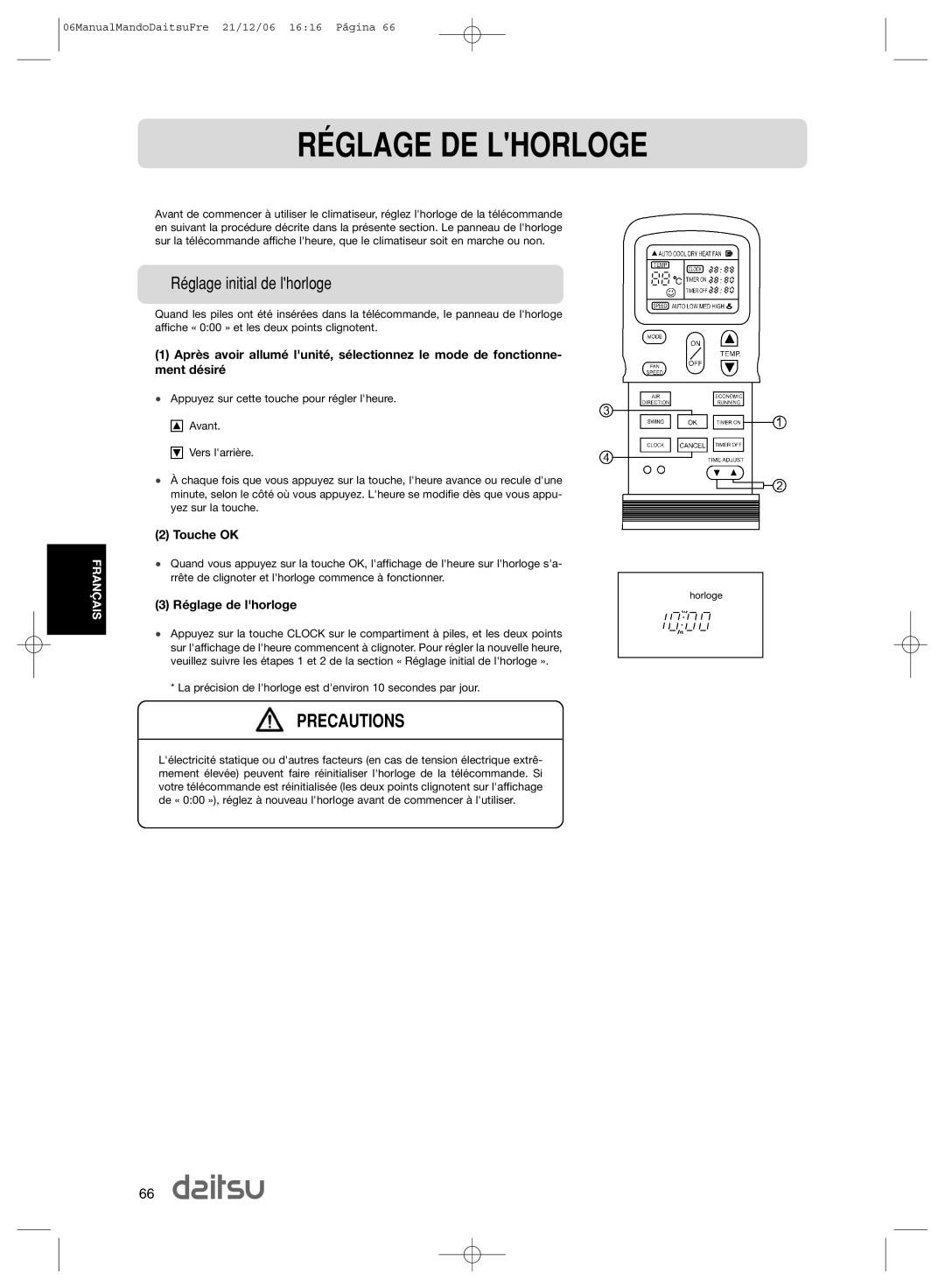 Daitsu ASD 9U2, ASD 129U11 operation manual RƒGLAGE DE Lhorloge, RŽglage initial de lhorloge, Touche OK, RŽglage de lhorloge 