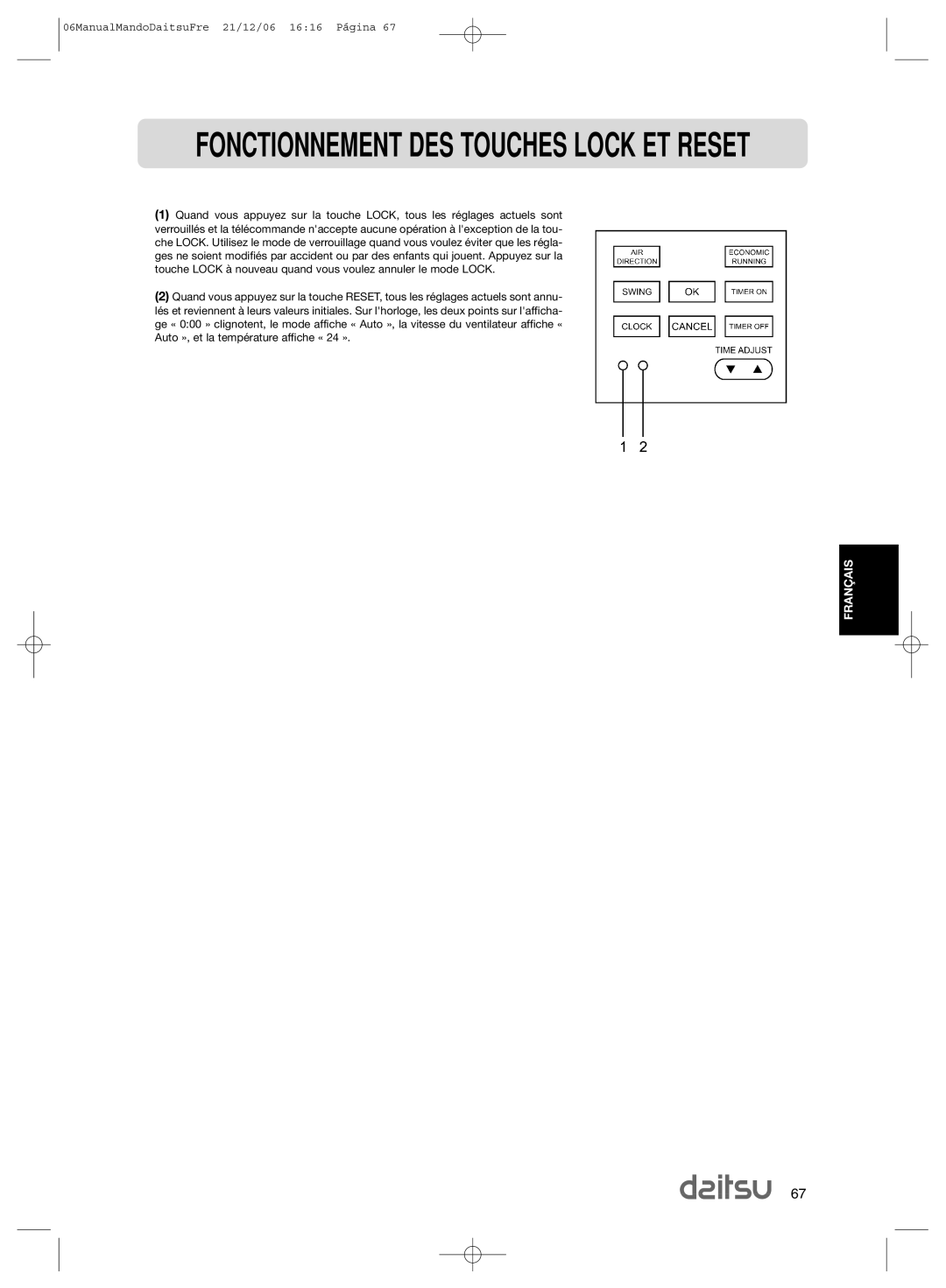 Daitsu ASD 129U11, ASD 9U2 operation manual Fonctionnement DES Touches Lock ET Reset 