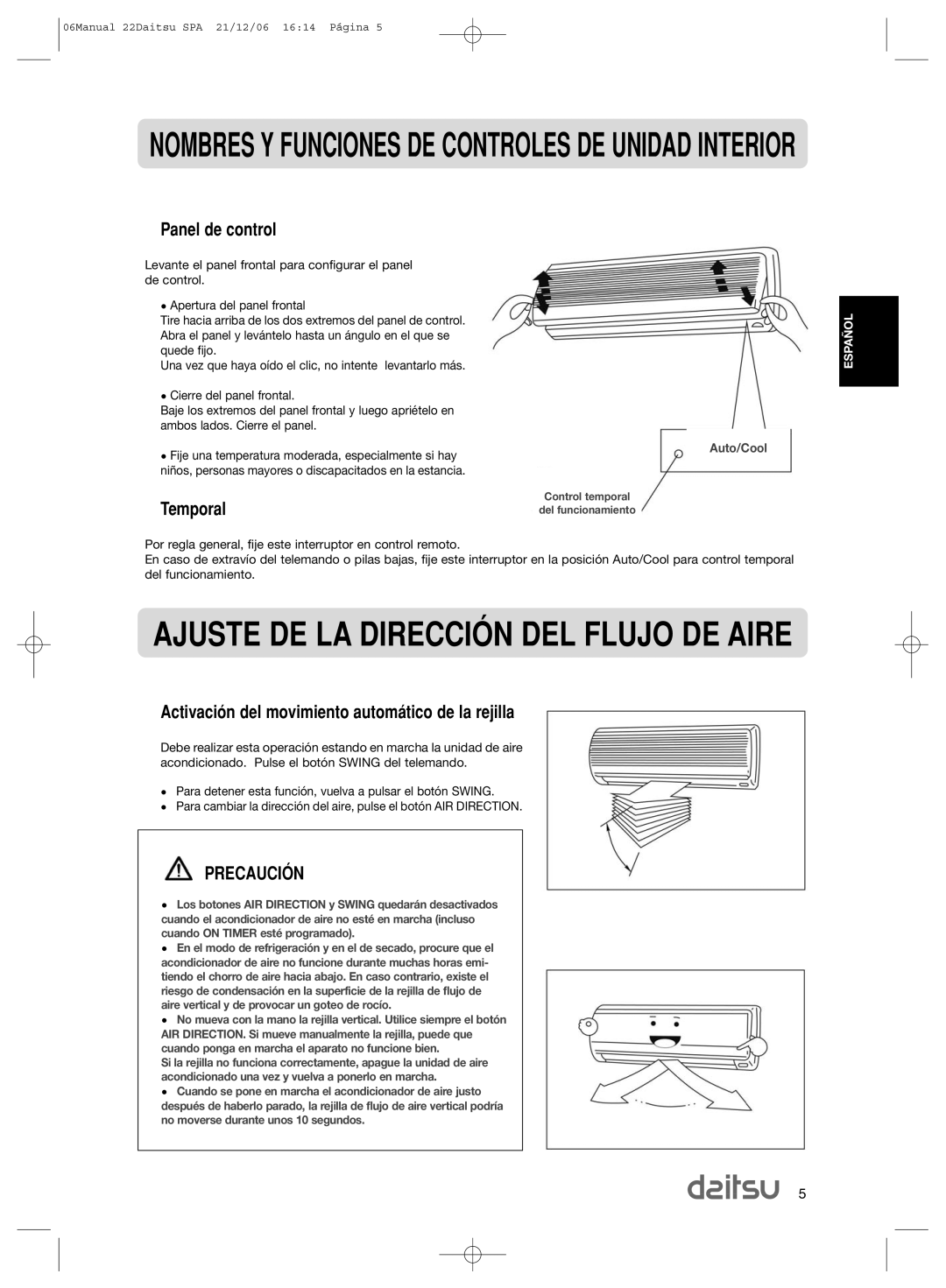 Daitsu ASD 129U11, ASD 9U2 operation manual Ajuste DE LA DIRECCIîN DEL Flujo DE Aire, Panel de control, Temporal, PRECAUCIîN 