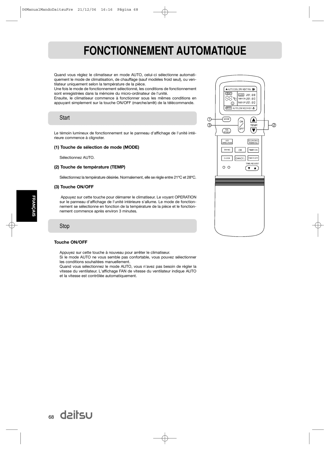 Daitsu ASD 9U2, ASD 129U11 operation manual Fonctionnement Automatique, Start, Stop 