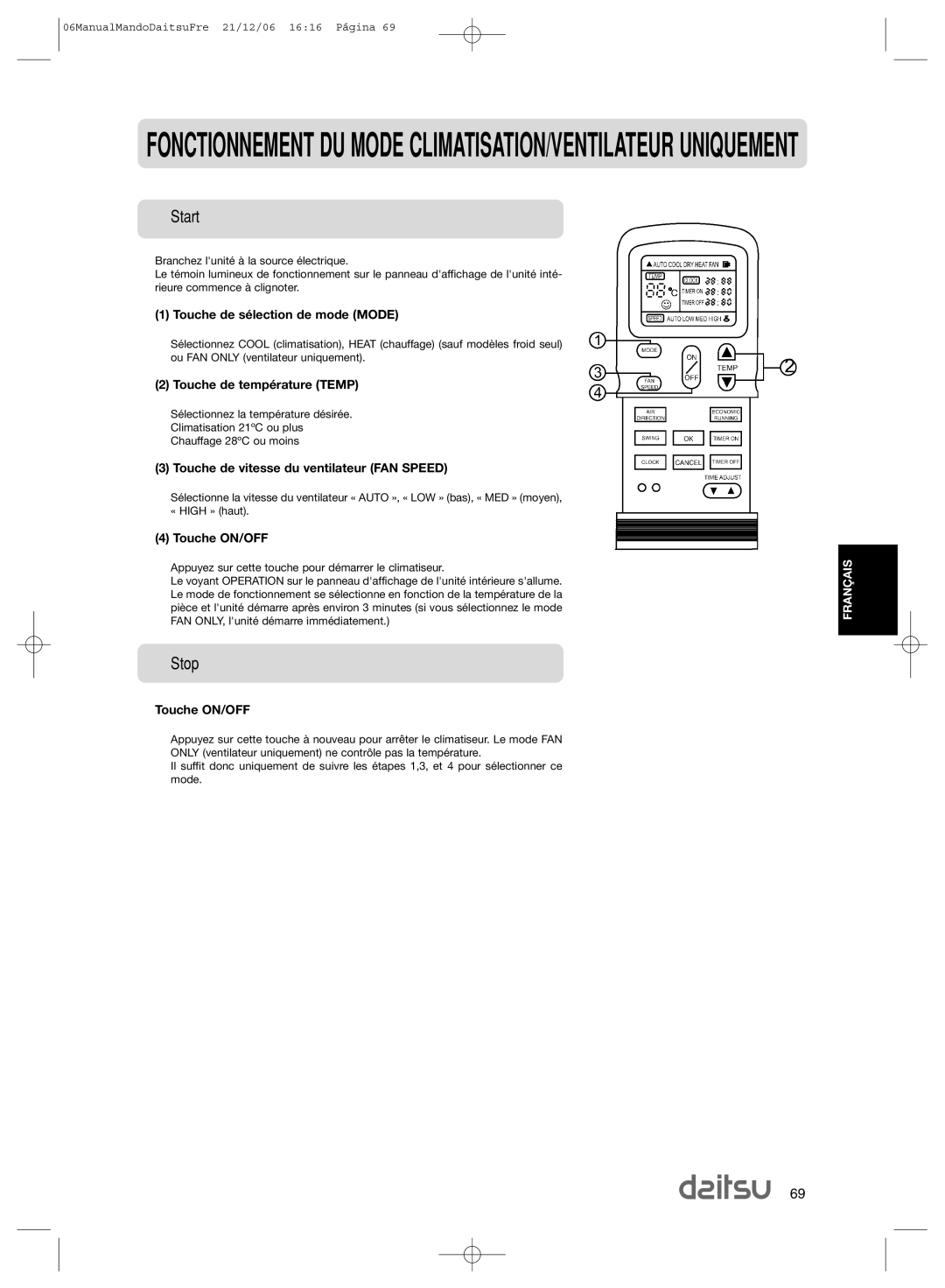 Daitsu ASD 129U11 Fonctionnement DU Mode CLIMATISATION/VENTILATEUR Uniquement, Touche de vitesse du ventilateur FAN Speed 