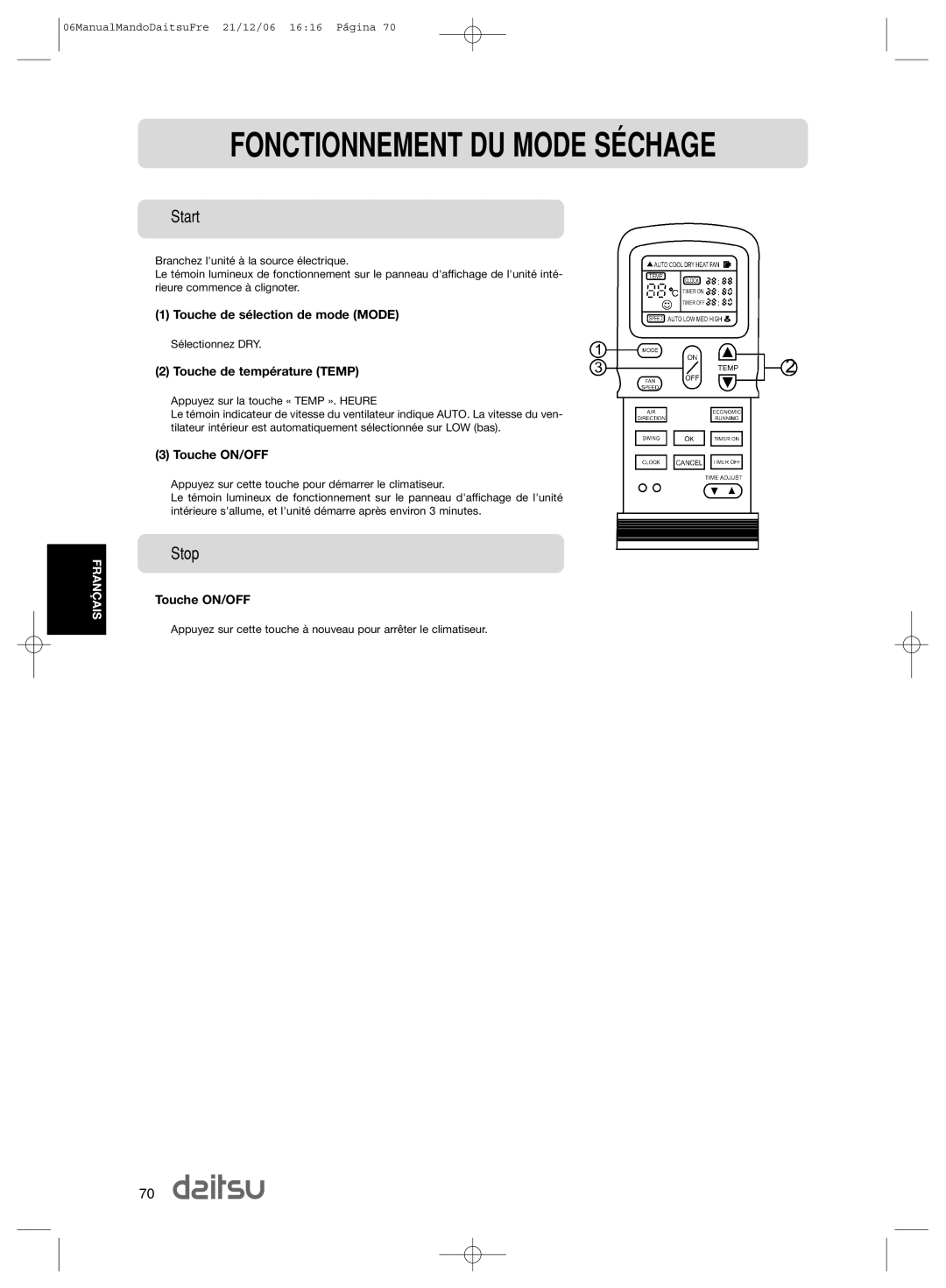 Daitsu ASD 9U2, ASD 129U11 operation manual Fonctionnement DU Mode SƒCHAGE 