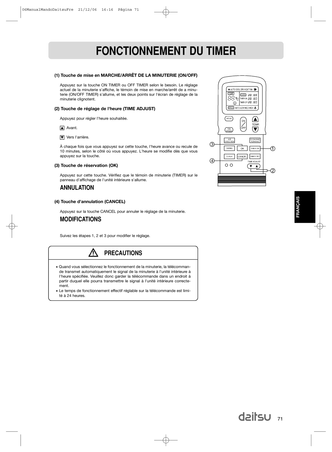 Daitsu ASD 129U11, ASD 9U2 operation manual Fonctionnement DU Timer, Annulation, Modifications 