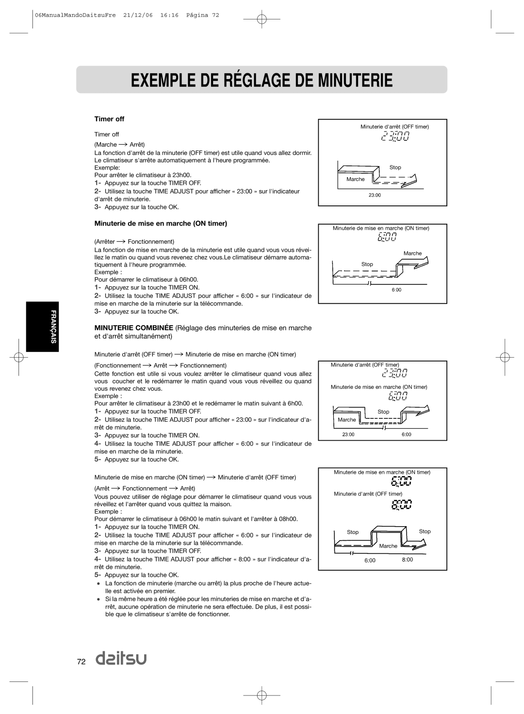 Daitsu ASD 9U2, ASD 129U11 operation manual Exemple DE RƒGLAGE DE Minuterie, Timer off, Minuterie de mise en marche on timer 