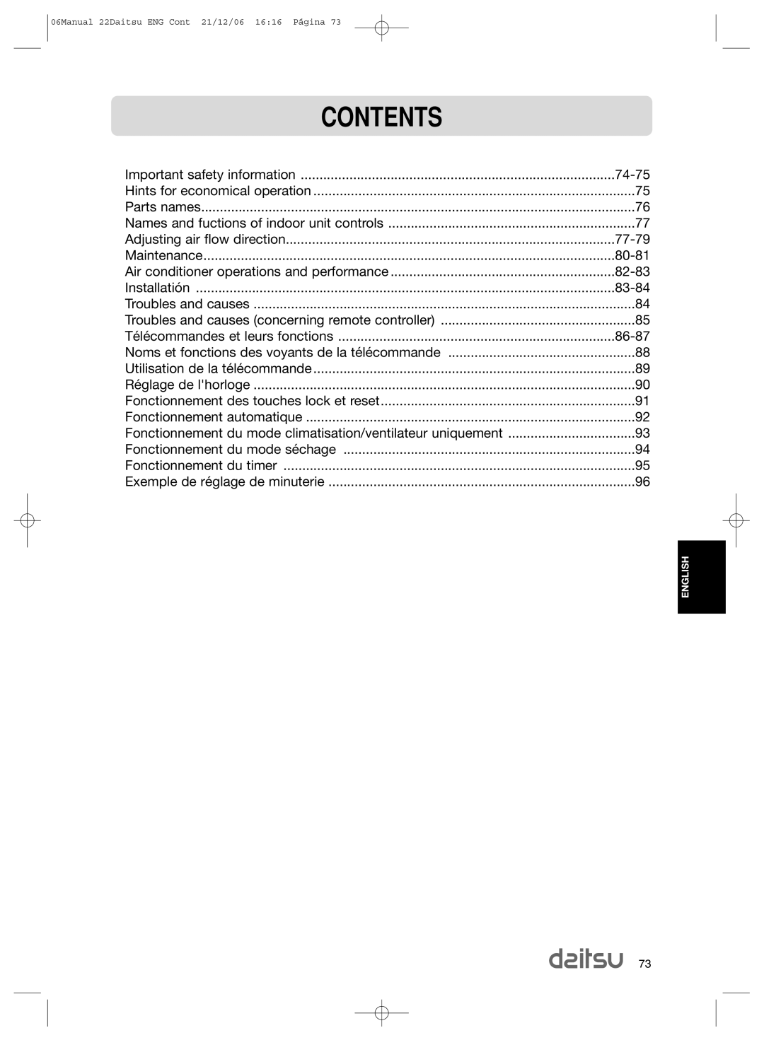 Daitsu ASD 129U11, ASD 9U2 operation manual Contents 