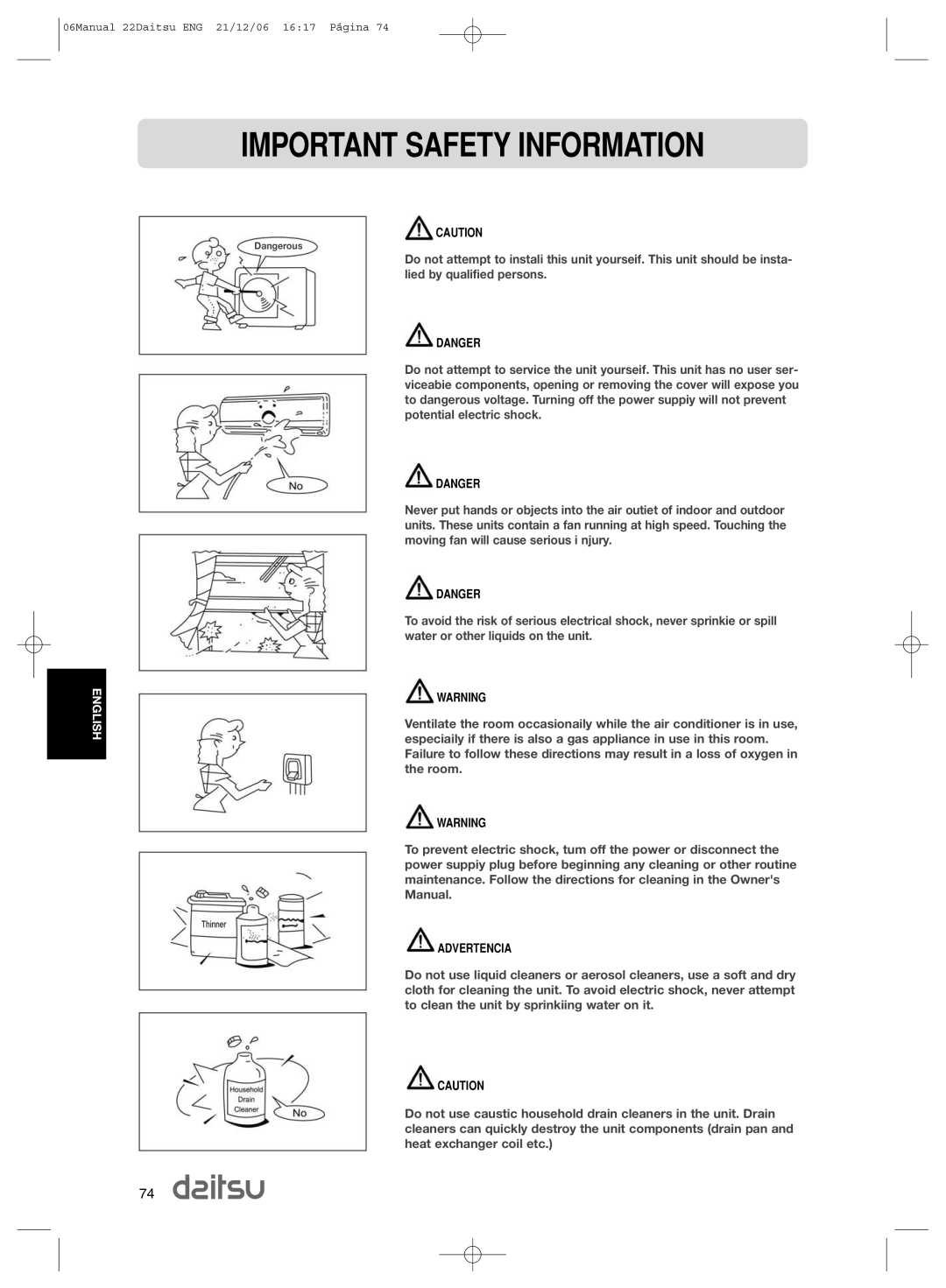 Daitsu ASD 9U2, ASD 129U11 operation manual Important Safety Information 