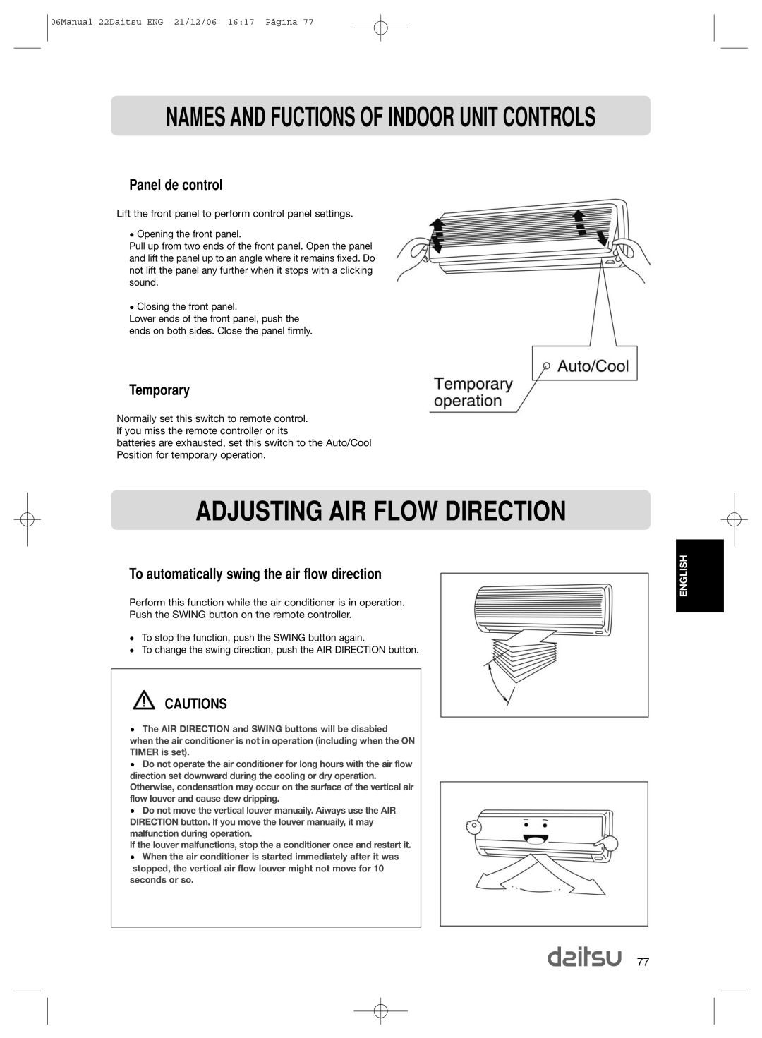 Daitsu ASD 129U11, ASD 9U2 Adjusting AIR Flow Direction, Temporary, To automatically swing the air flow direction 