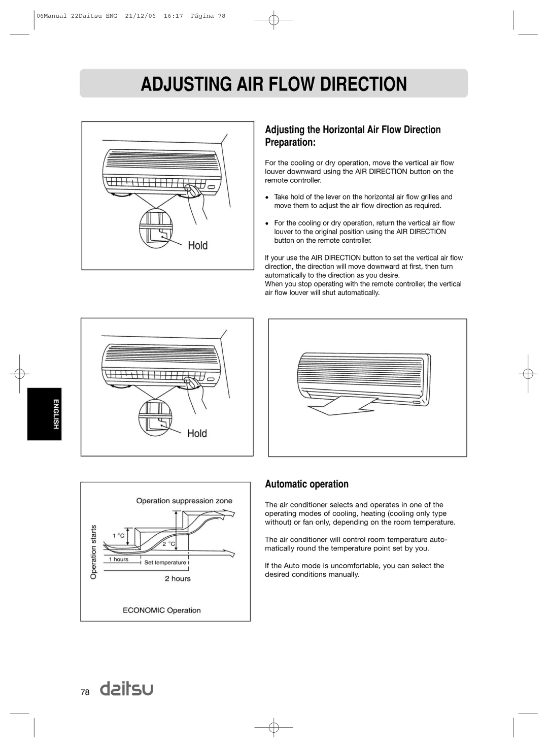 Daitsu ASD 9U2, ASD 129U11 operation manual Adjusting the Horizontal Air Flow Direction Preparation, Automatic operation 