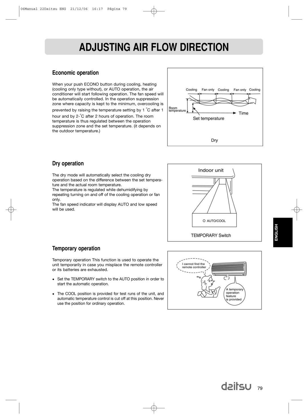 Daitsu ASD 129U11, ASD 9U2 operation manual Economic operation, Dry operation, Temporary operation 