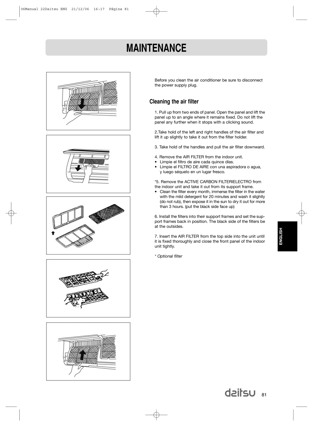 Daitsu ASD 129U11, ASD 9U2 operation manual Cleaning the air filter 